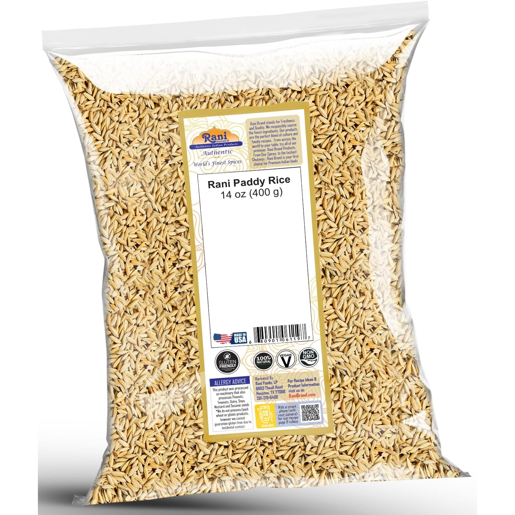 Rani Paddy Rice (Raw Unfinished Rice) 14oz (400g) ~ All Natural, Vegan, Gluten Friendly, NON-GMO, Indian Origin