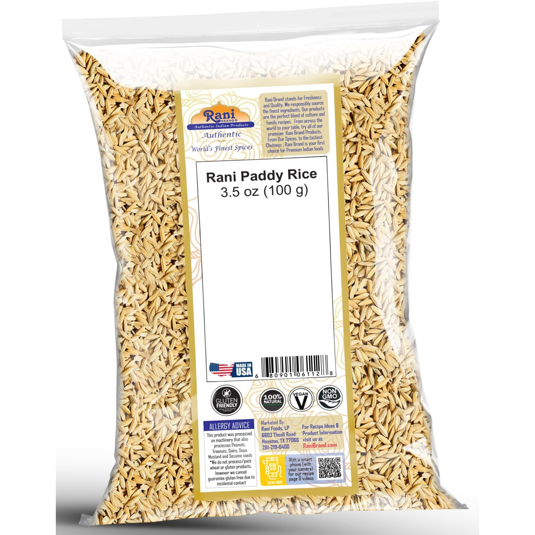 Rani Paddy Rice (Raw Unfinished Rice) 3.5oz (100g) ~ All Natural, Vegan, Gluten Friendly, NON-GMO, Indian Origin