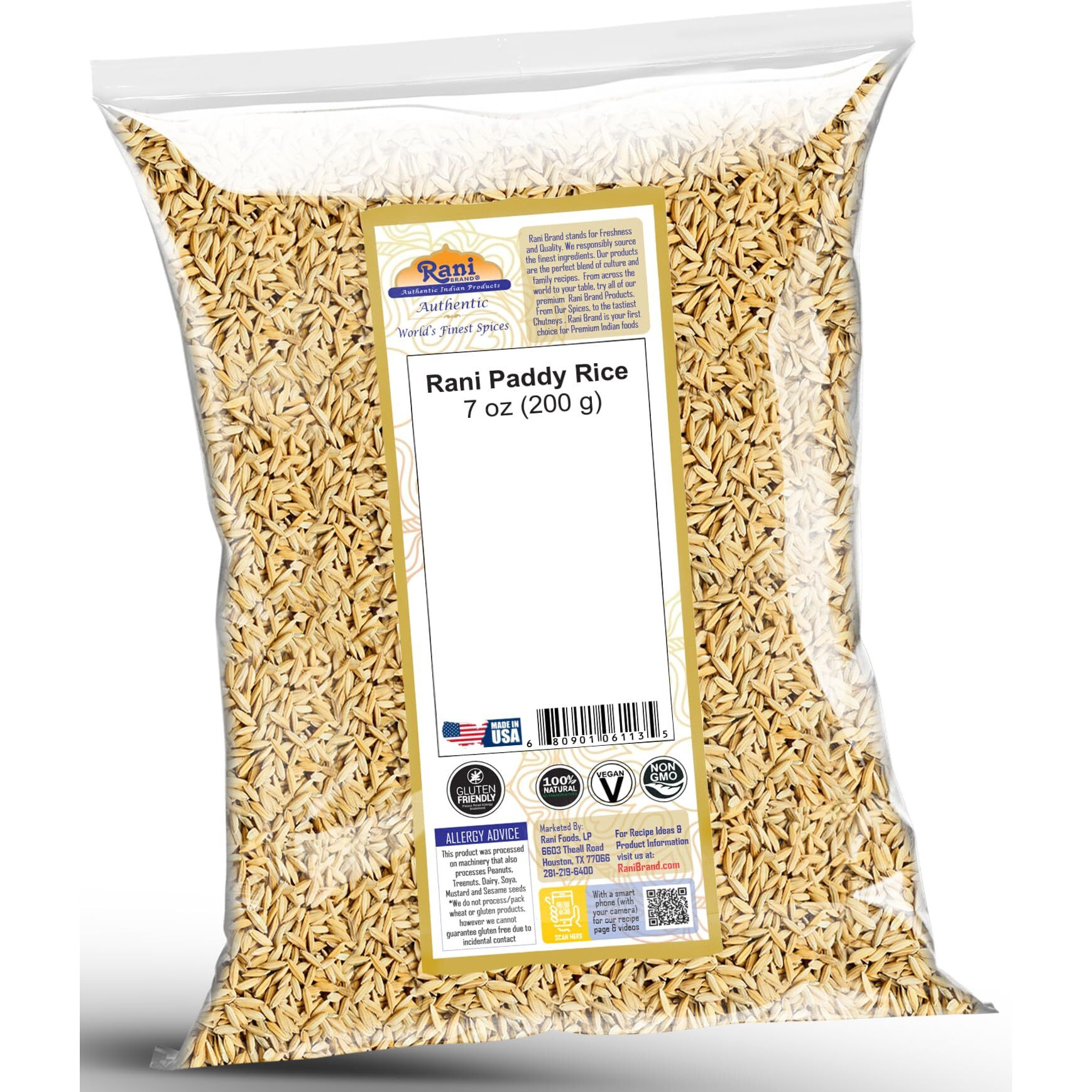 Rani Paddy Rice (Raw Unfinished Rice) 7oz (200g) ~ All Natural, Vegan, Gluten Friendly, NON-GMO, Indian Origin