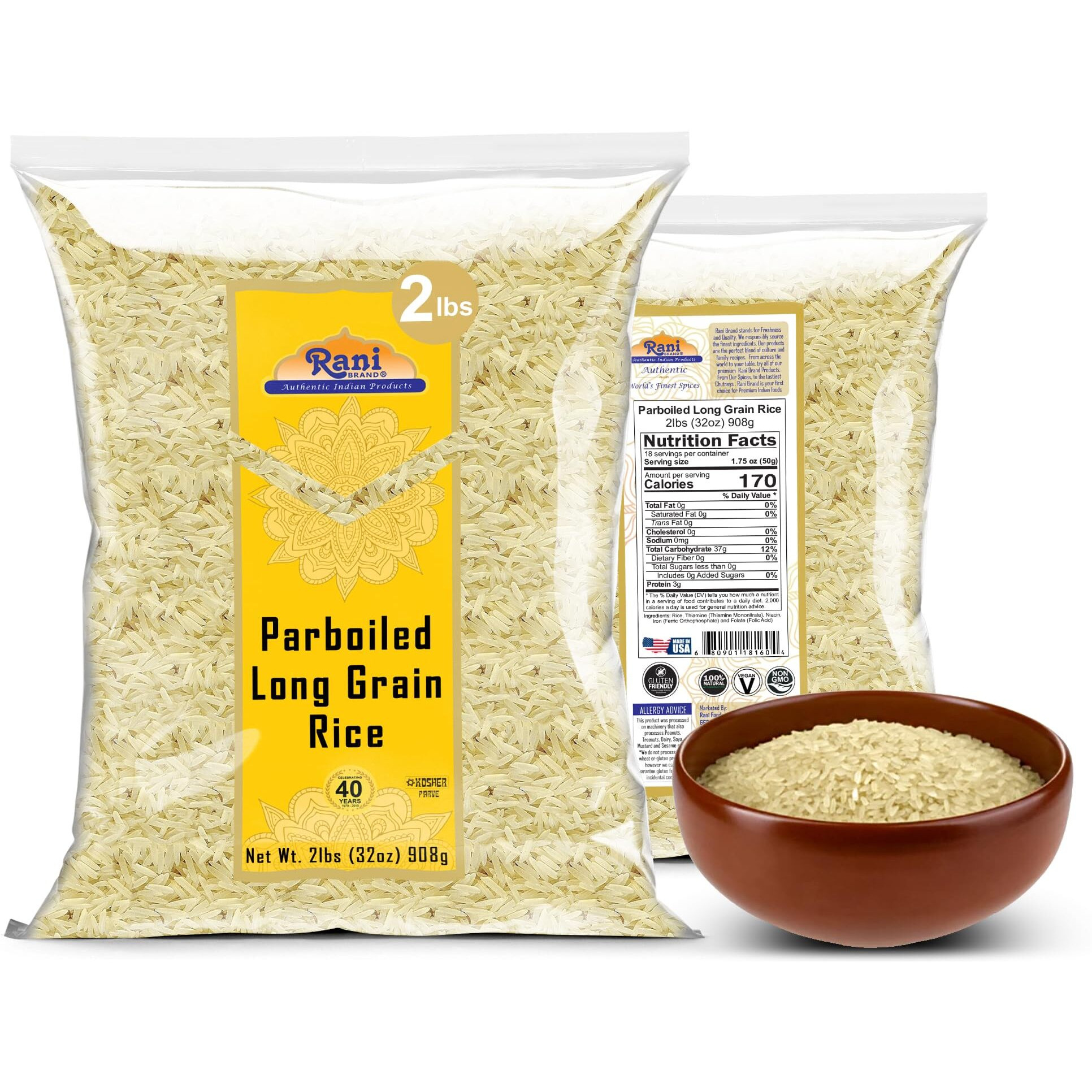 Rani Parboiled Long Grain Rice 32oz (2lbs) 908g ~ All Natural, Gluten Friendly, Vegan, Non-GMO, Kosher, Product of USA