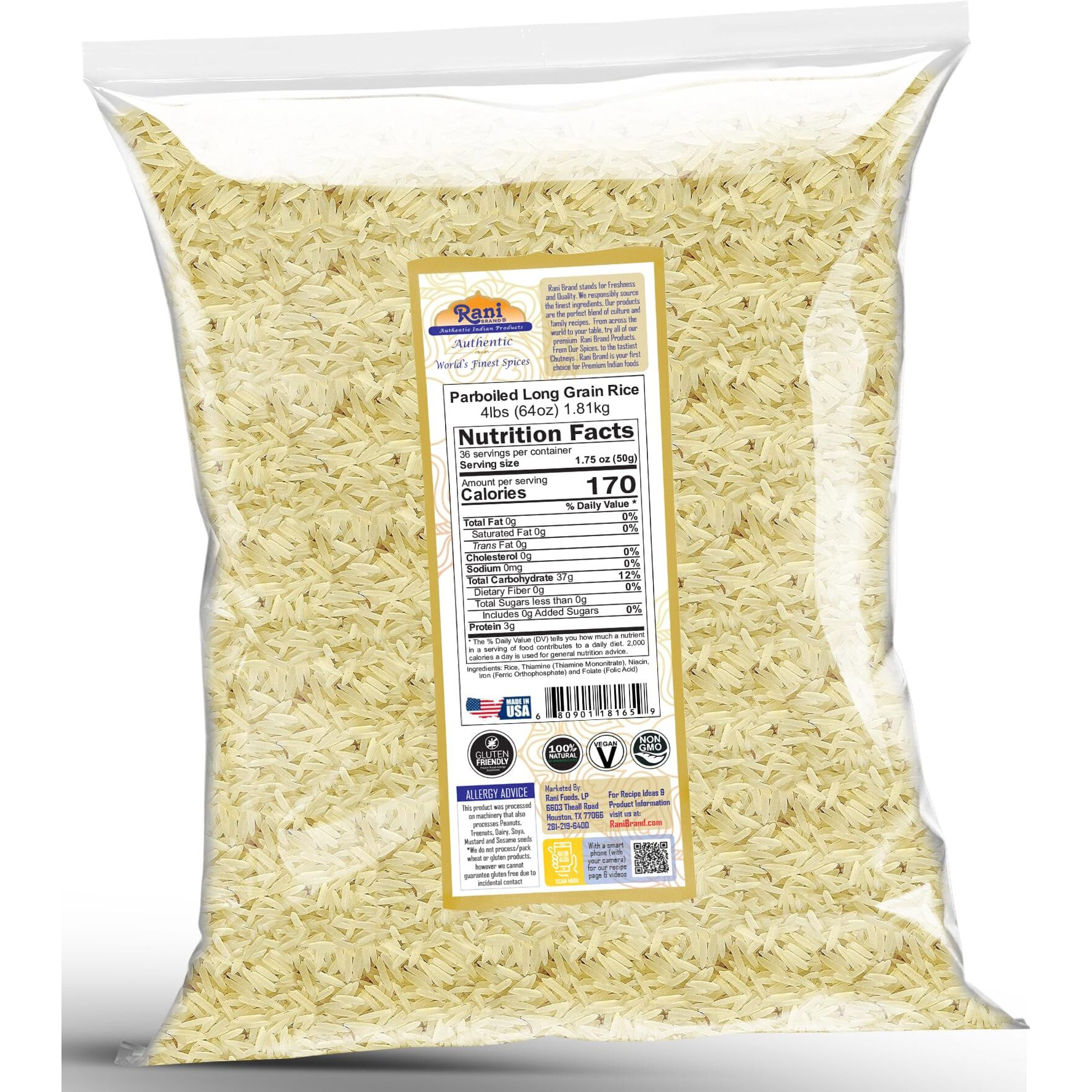 Rani Parboiled Long Grain Rice 64oz (4lbs) 1.81kg Bulk ~ All Natural, Gluten Friendly, Vegan, Non-GMO, Kosher, Product of USA