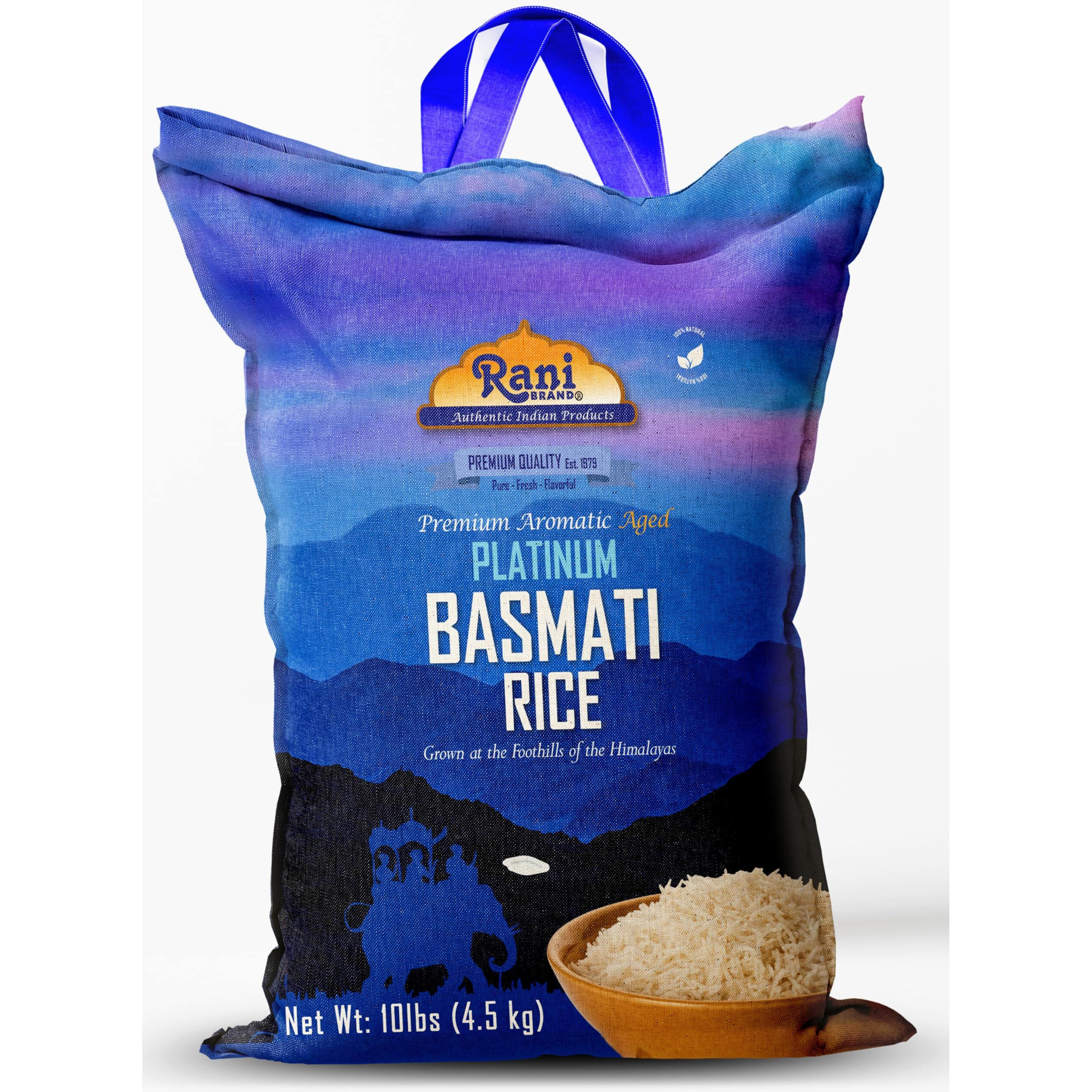 Rani Platinum White Basmati Rice Extra Long Aged 10-Pound Bag, 160oz (10lbs) 4.53kg ~ All Natural, Gluten Friendly, Vegan, Indian Origin, Kosher, Export Quality