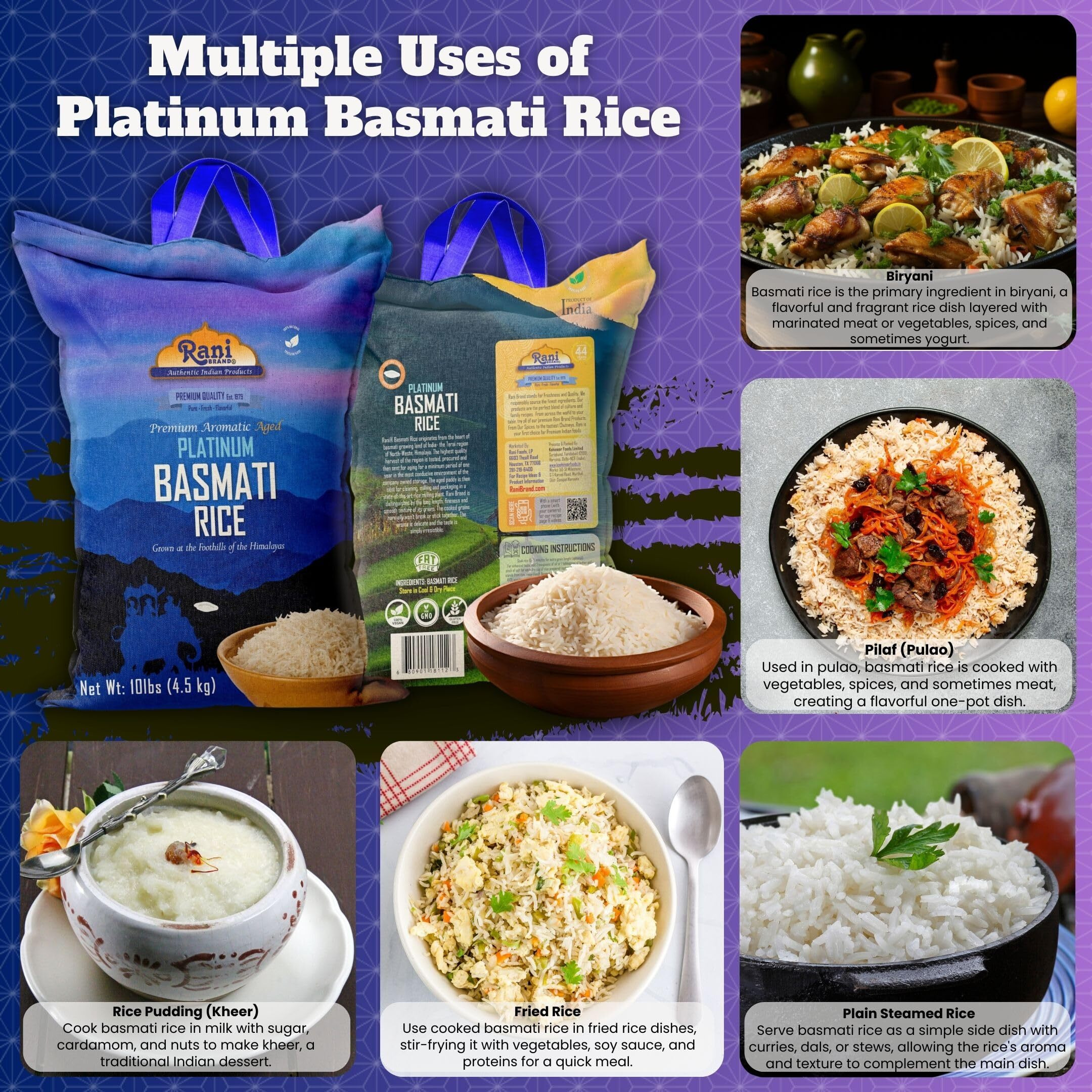 Rani Platinum White Basmati Rice Extra Long Aged 10-Pound Bag, 160oz (10lbs) 4.53kg ~ All Natural, Gluten Friendly, Vegan, Indian Origin, Kosher, Export Quality