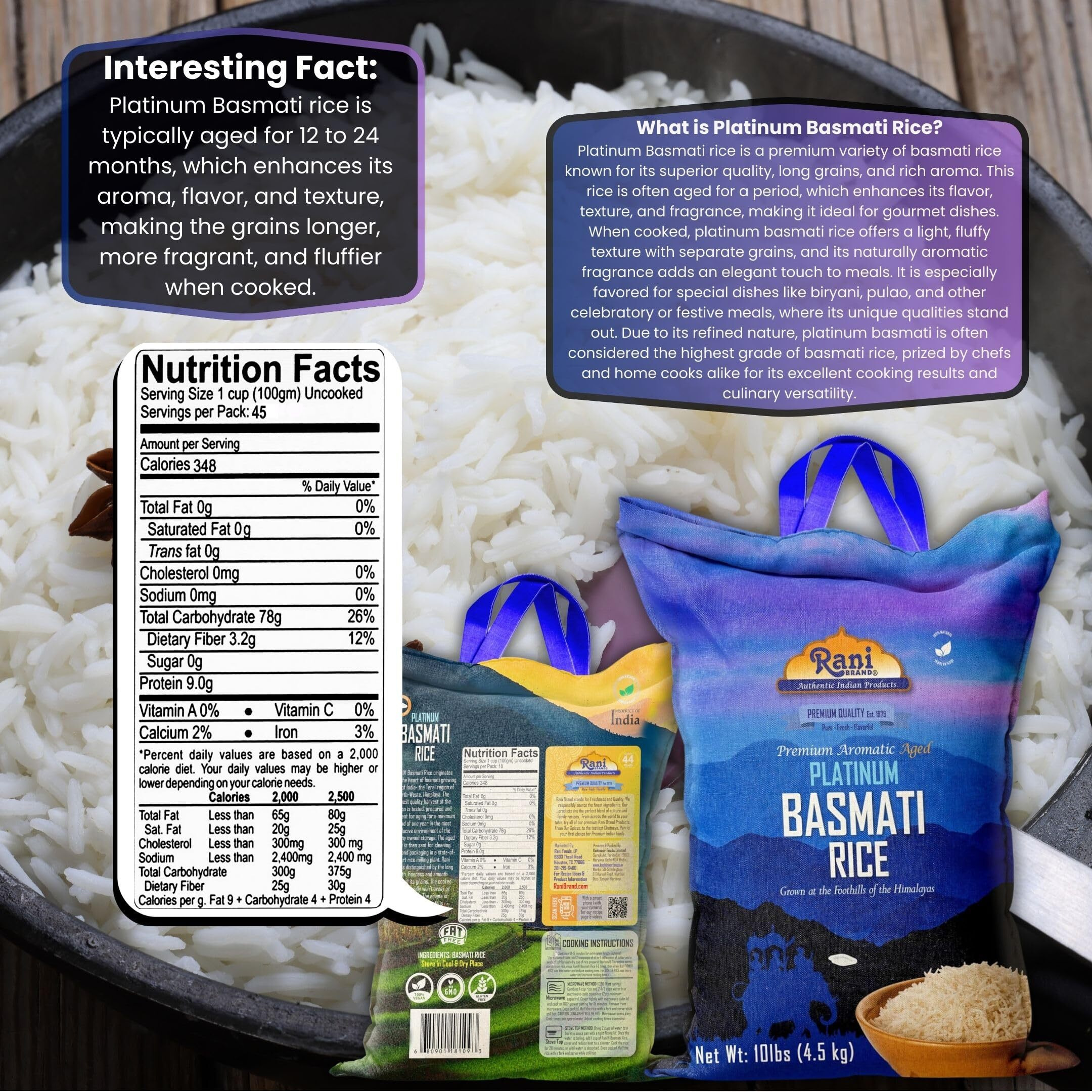 Rani Platinum White Basmati Rice Extra Long Aged 10-Pound Bag, 160oz (10lbs) 4.53kg ~ All Natural, Gluten Friendly, Vegan, Indian Origin, Kosher, Export Quality