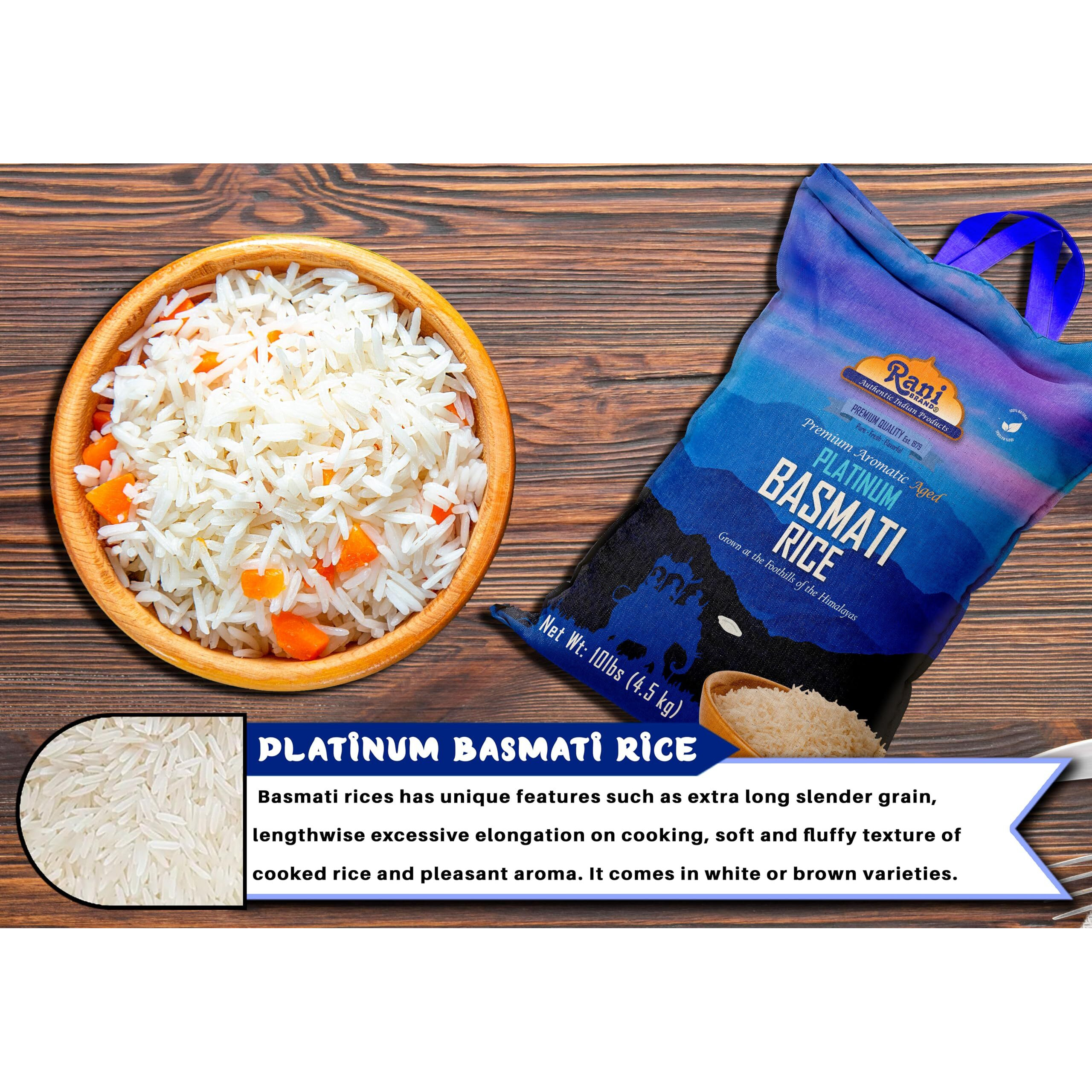 Rani Platinum White Basmati Rice Extra Long Aged 10-Pound Bag, 160oz (10lbs) 4.53kg ~ All Natural, Gluten Friendly, Vegan, Indian Origin, Kosher, Export Quality