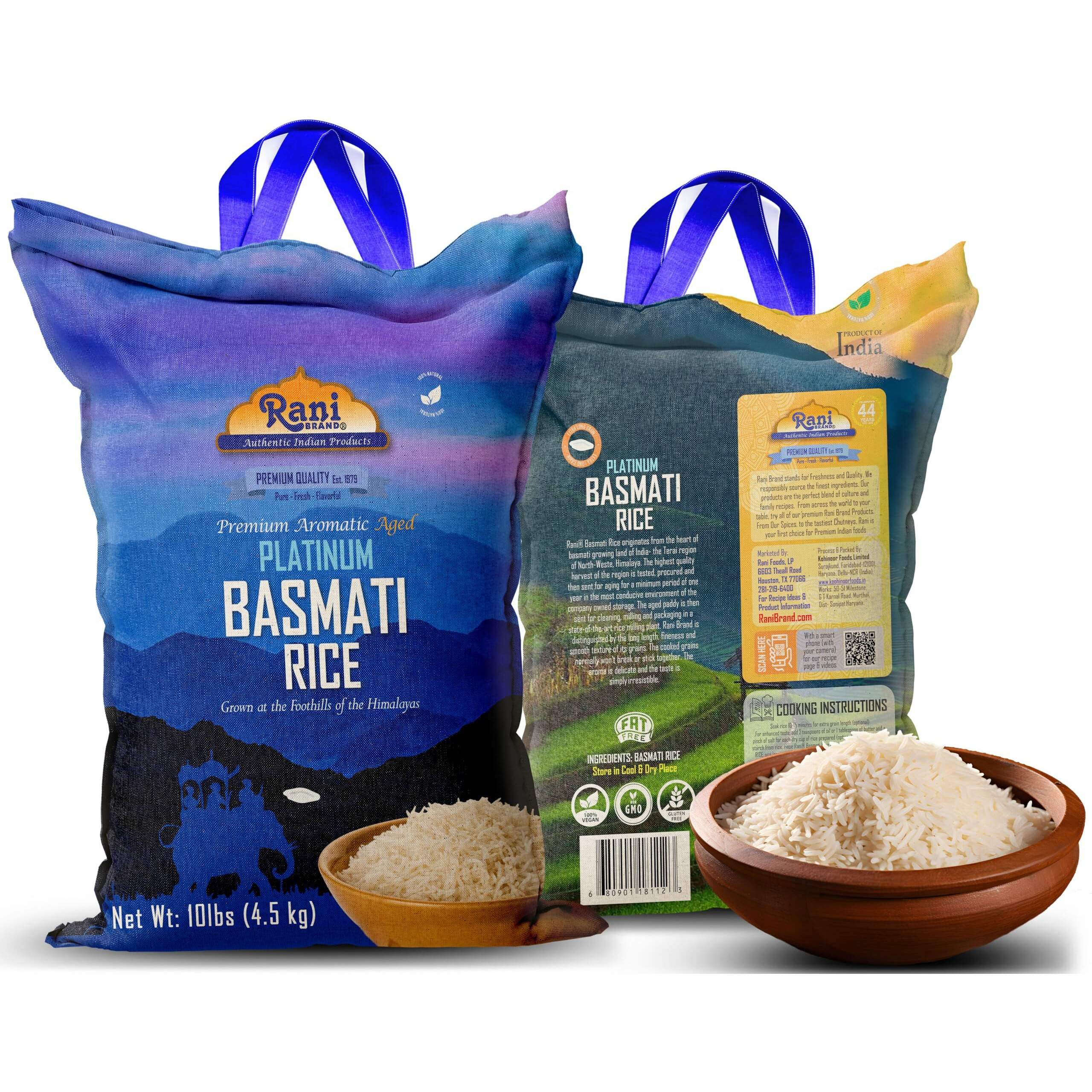 Rani Platinum White Basmati Rice Extra Long Aged 10-Pound Bag, 160oz (10lbs) 4.53kg ~ All Natural, Gluten Friendly, Vegan, Indian Origin, Kosher, Export Quality