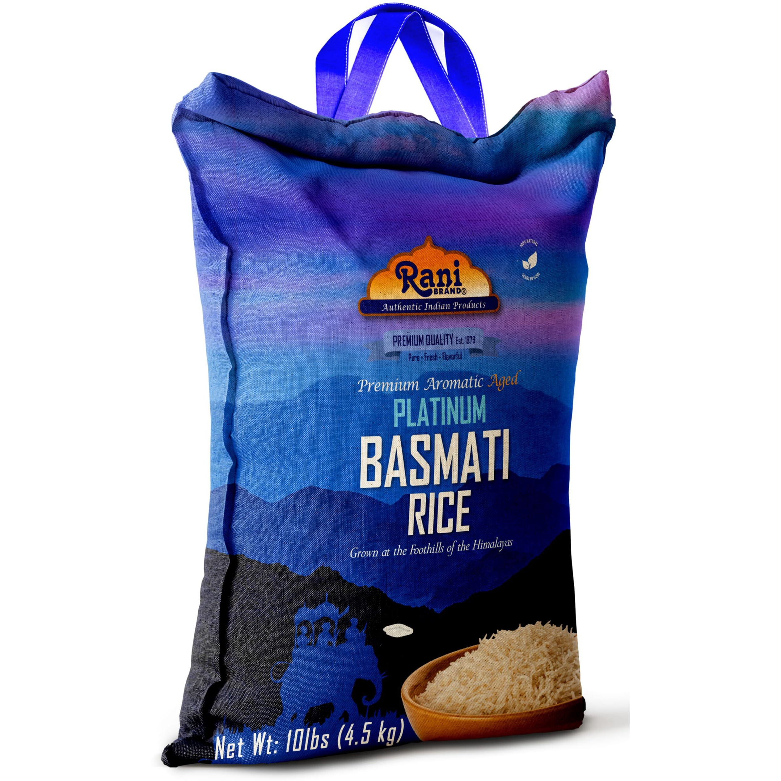 Rani Platinum White Basmati Rice Extra Long Aged 10-Pound Bag, 160oz (10lbs) 4.53kg ~ All Natural, Gluten Friendly, Vegan, Indian Origin, Kosher, Export Quality