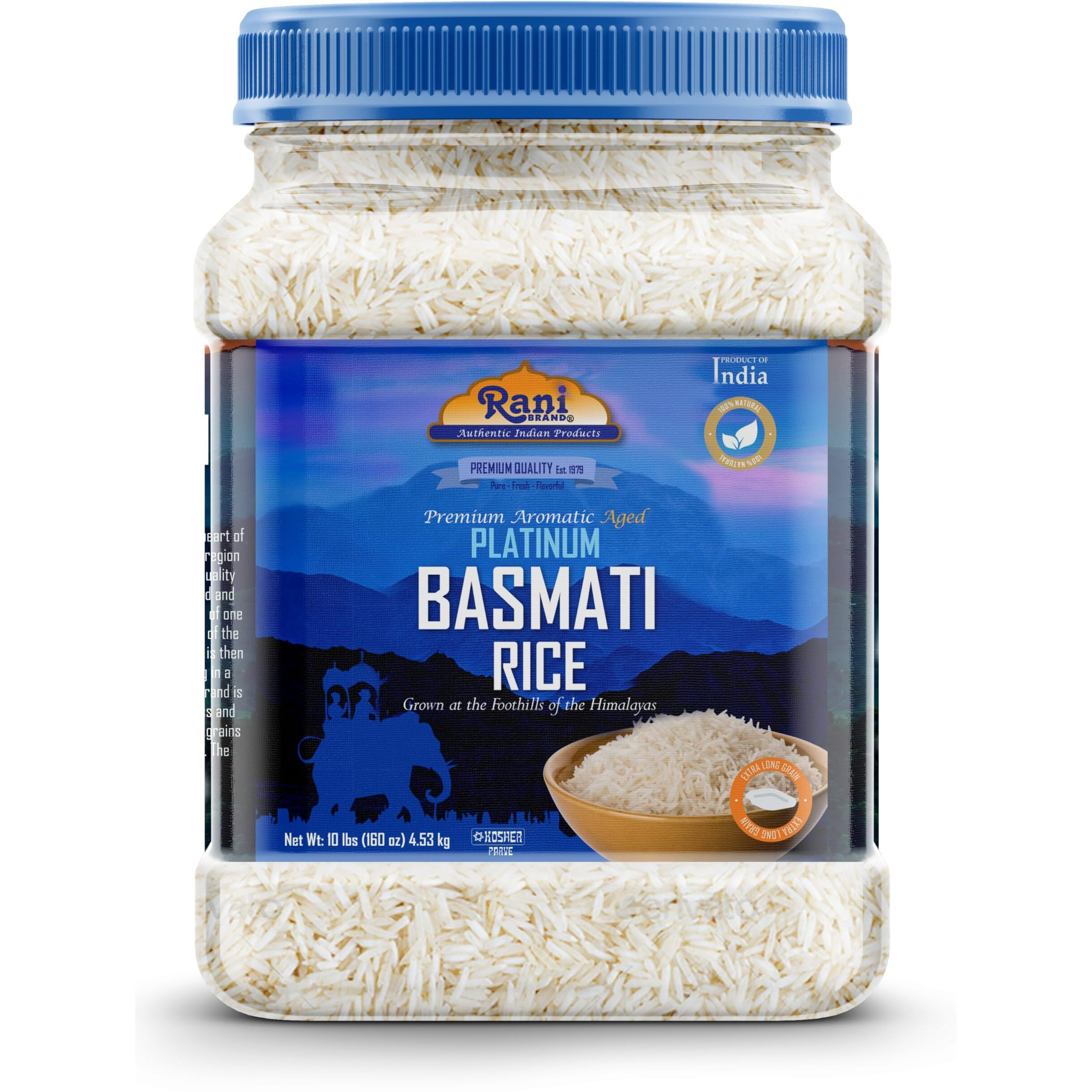 Rani Platinum White Basmati Rice Extra Long Aged 160oz (10lbs) 4.53kg PET Jar ~ All Natural, Gluten Friendly, Vegan, Indian Origin, Kosher, Export Quality