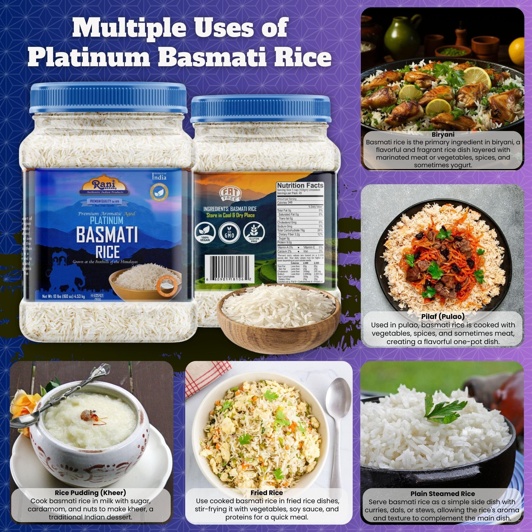 Rani Platinum White Basmati Rice Extra Long Aged 160oz (10lbs) 4.53kg PET Jar ~ All Natural, Gluten Friendly, Vegan, Indian Origin, Kosher, Export Quality