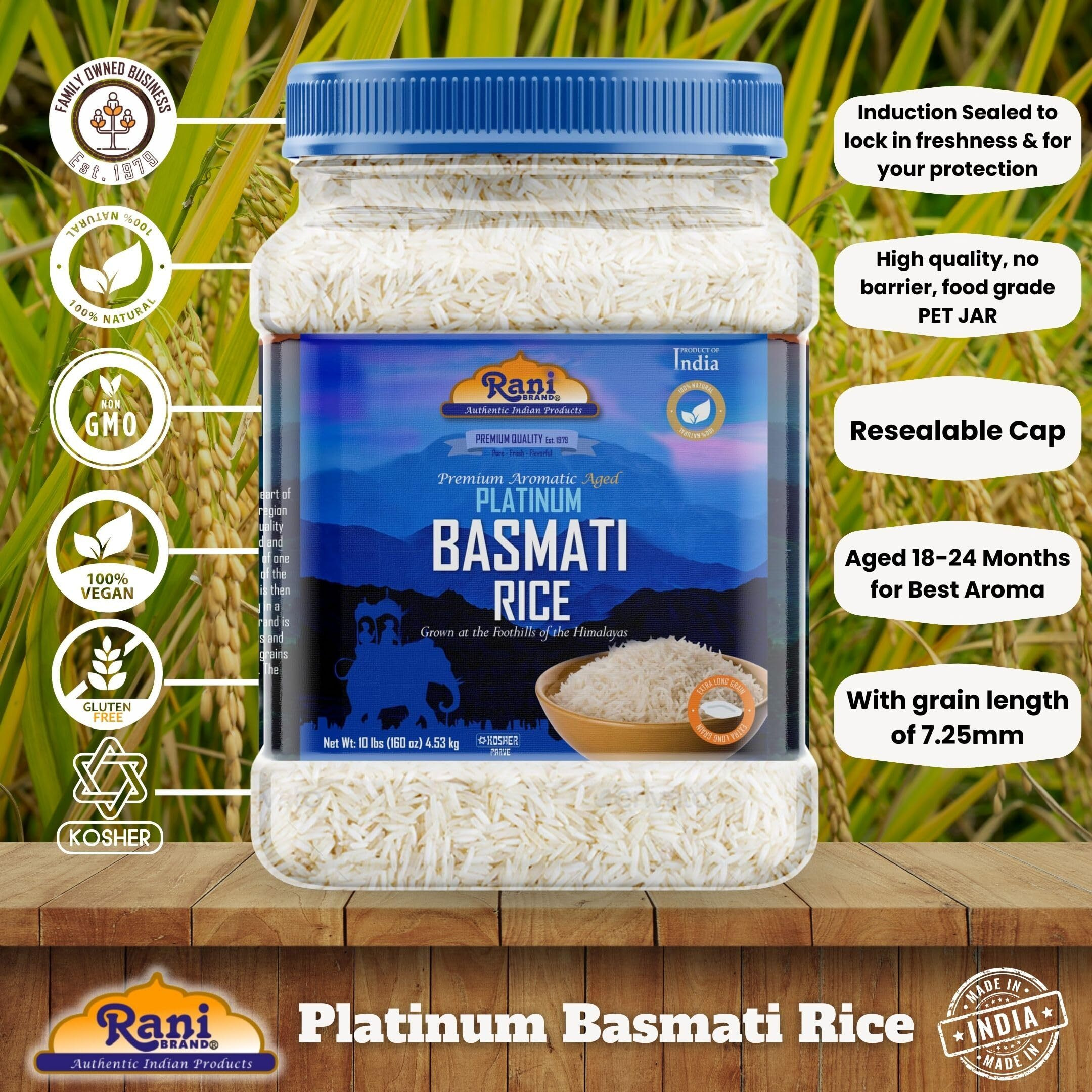Rani Platinum White Basmati Rice Extra Long Aged 160oz (10lbs) 4.53kg PET Jar ~ All Natural, Gluten Friendly, Vegan, Indian Origin, Kosher, Export Quality
