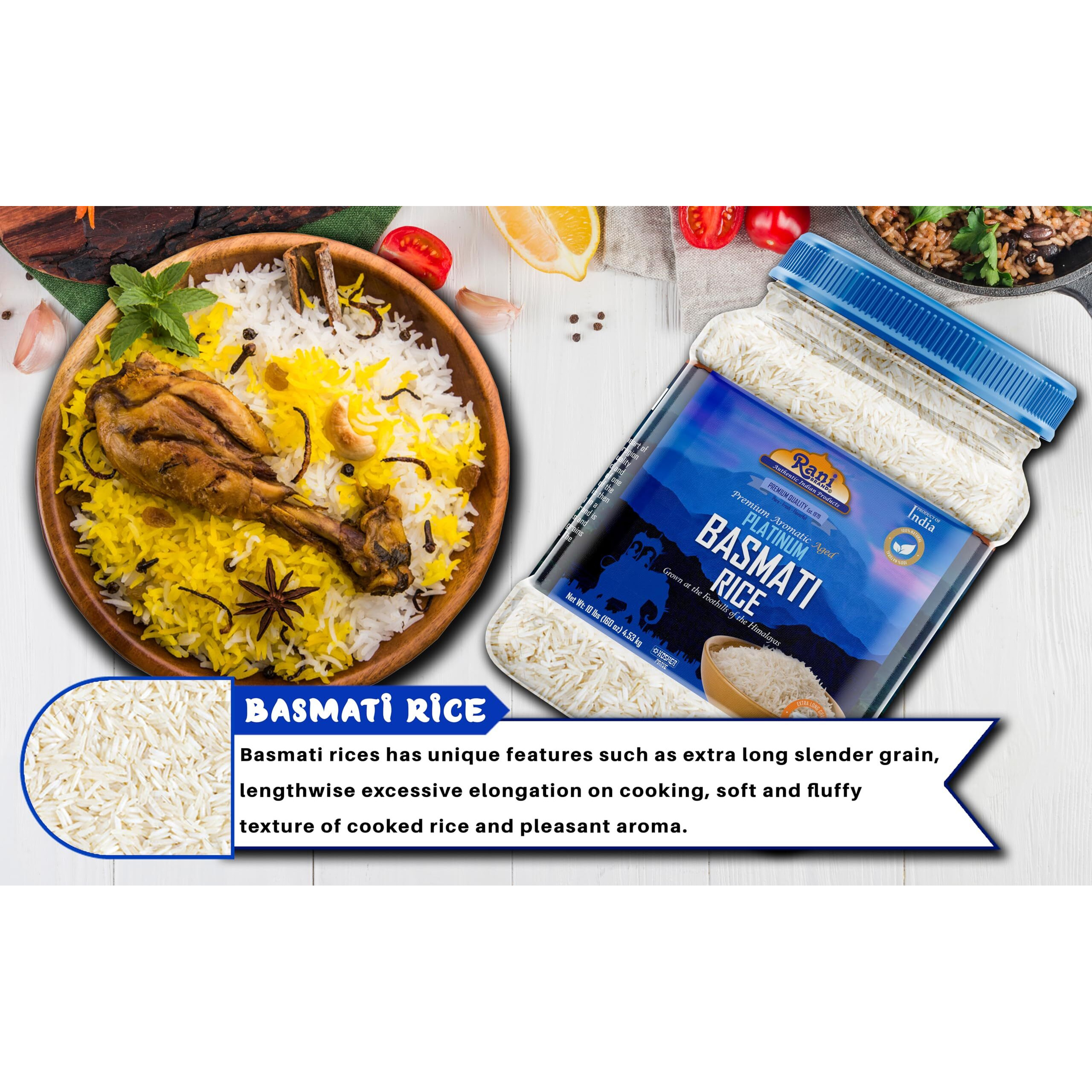 Rani Platinum White Basmati Rice Extra Long Aged 160oz (10lbs) 4.53kg PET Jar ~ All Natural, Gluten Friendly, Vegan, Indian Origin, Kosher, Export Quality