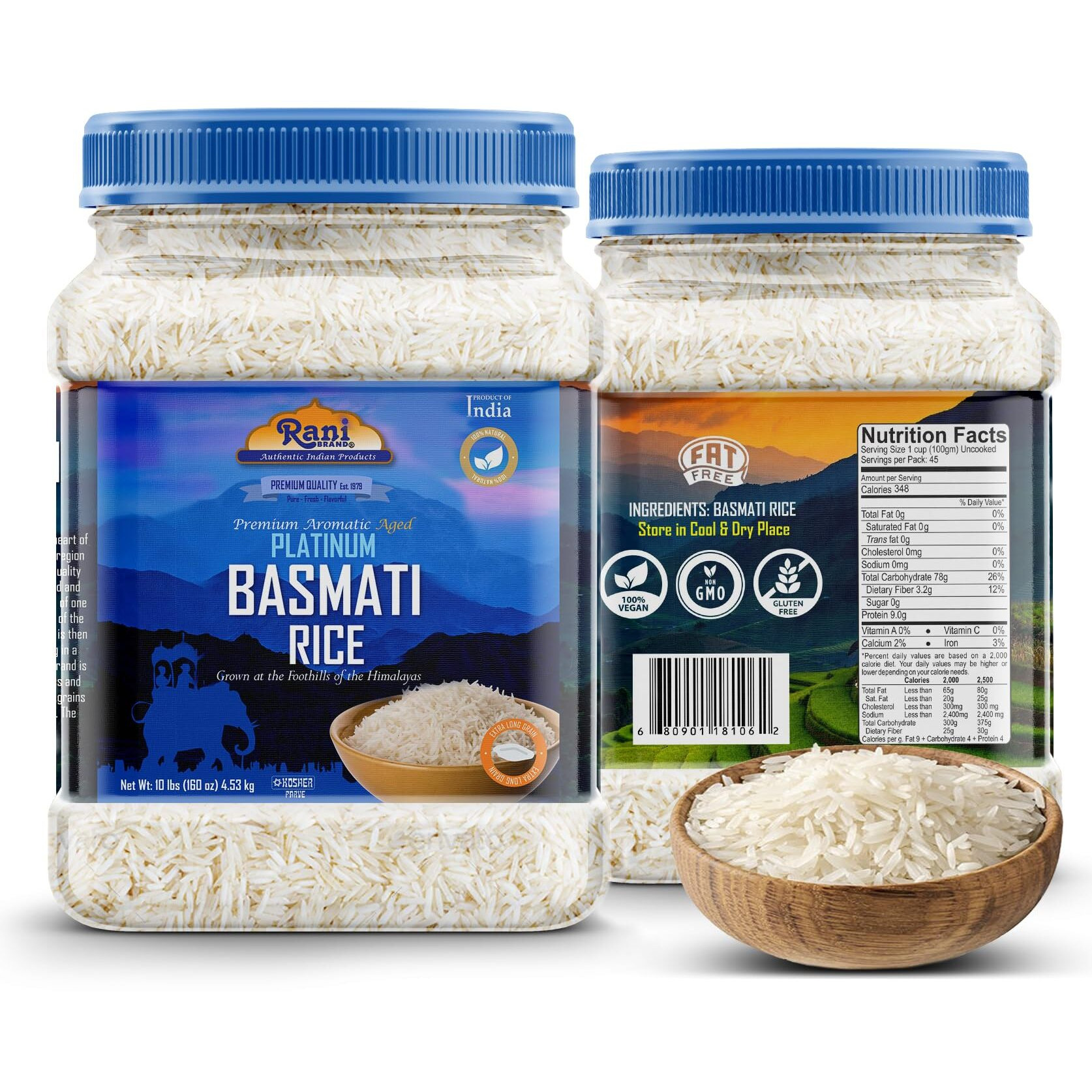 Rani Platinum White Basmati Rice Extra Long Aged 160oz (10lbs) 4.53kg PET Jar ~ All Natural, Gluten Friendly, Vegan, Indian Origin, Kosher, Export Quality