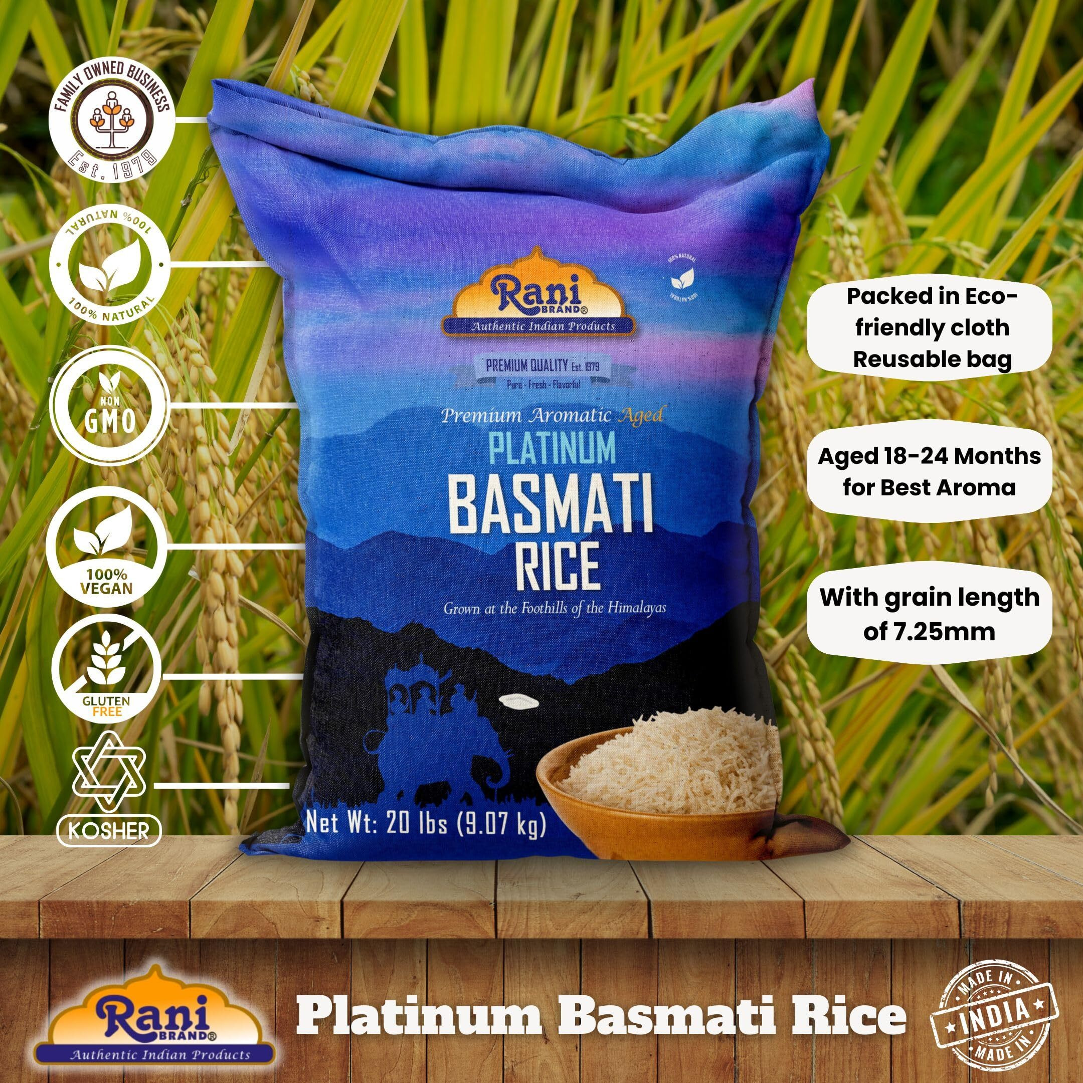 Rani Platinum White Basmati Rice Extra Long Aged 20-Pound Bag, 320oz (20lbs) 9.08kg ~ All Natural, Gluten Friendly, Vegan, Indian Origin, Kosher, Export Quality