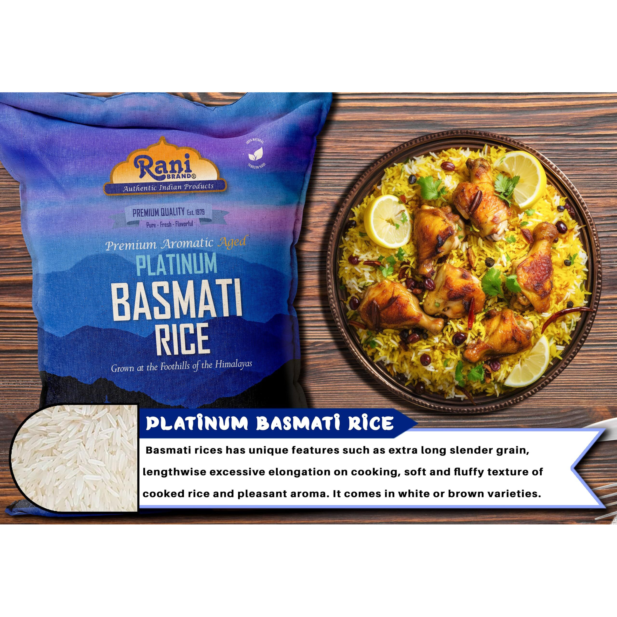 Rani Platinum White Basmati Rice Extra Long Aged 20-Pound Bag, 320oz (20lbs) 9.08kg ~ All Natural, Gluten Friendly, Vegan, Indian Origin, Kosher, Export Quality