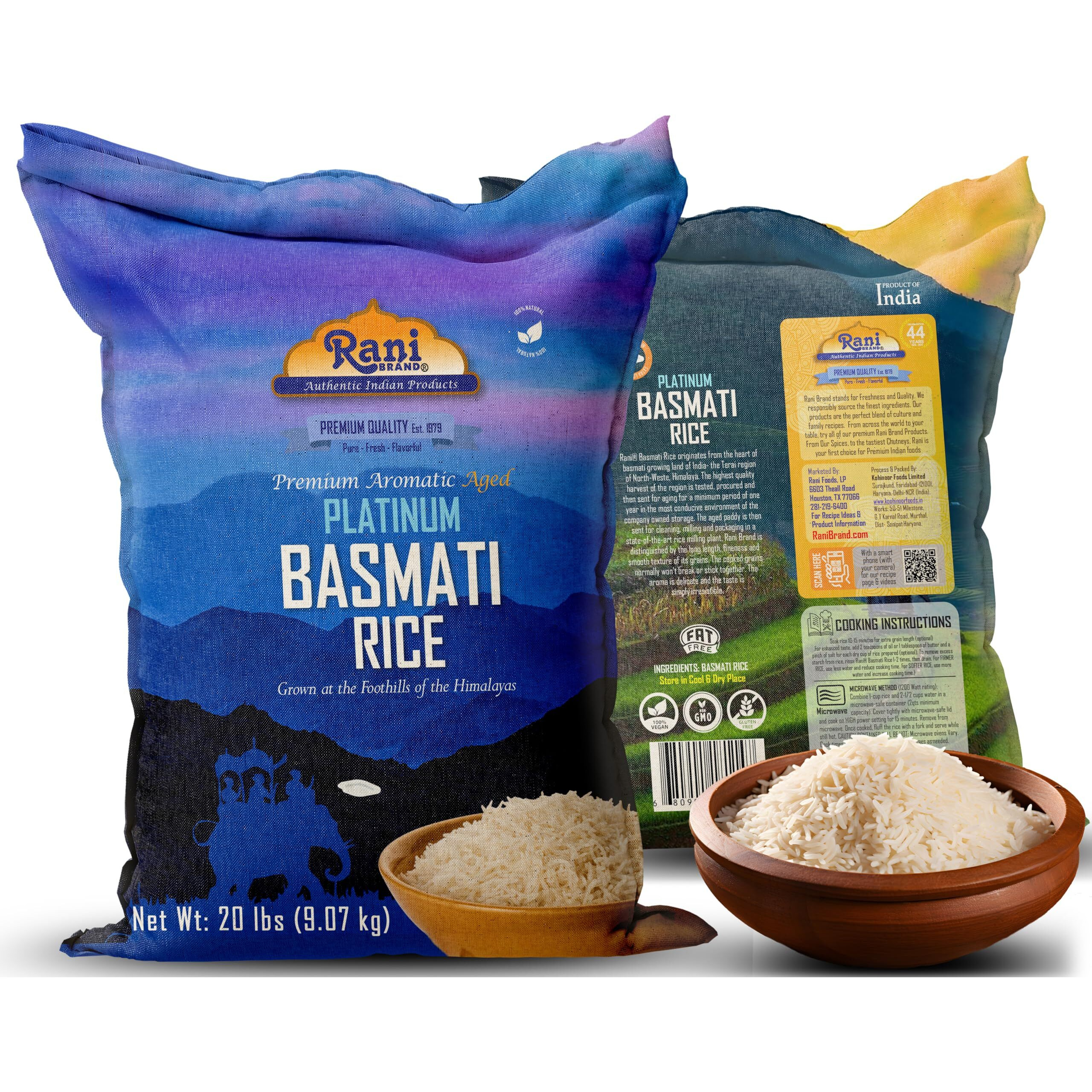 Rani Platinum White Basmati Rice Extra Long Aged 20-Pound Bag, 320oz (20lbs) 9.08kg ~ All Natural, Gluten Friendly, Vegan, Indian Origin, Kosher, Export Quality