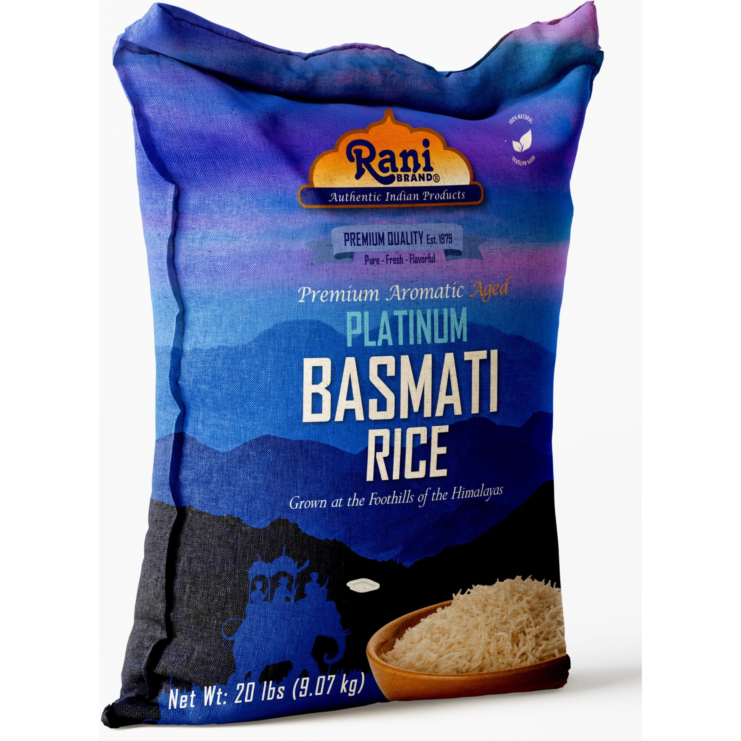 Rani Platinum White Basmati Rice Extra Long Aged 20-Pound Bag, 320oz (20lbs) 9.08kg ~ All Natural, Gluten Friendly, Vegan, Indian Origin, Kosher, Export Quality