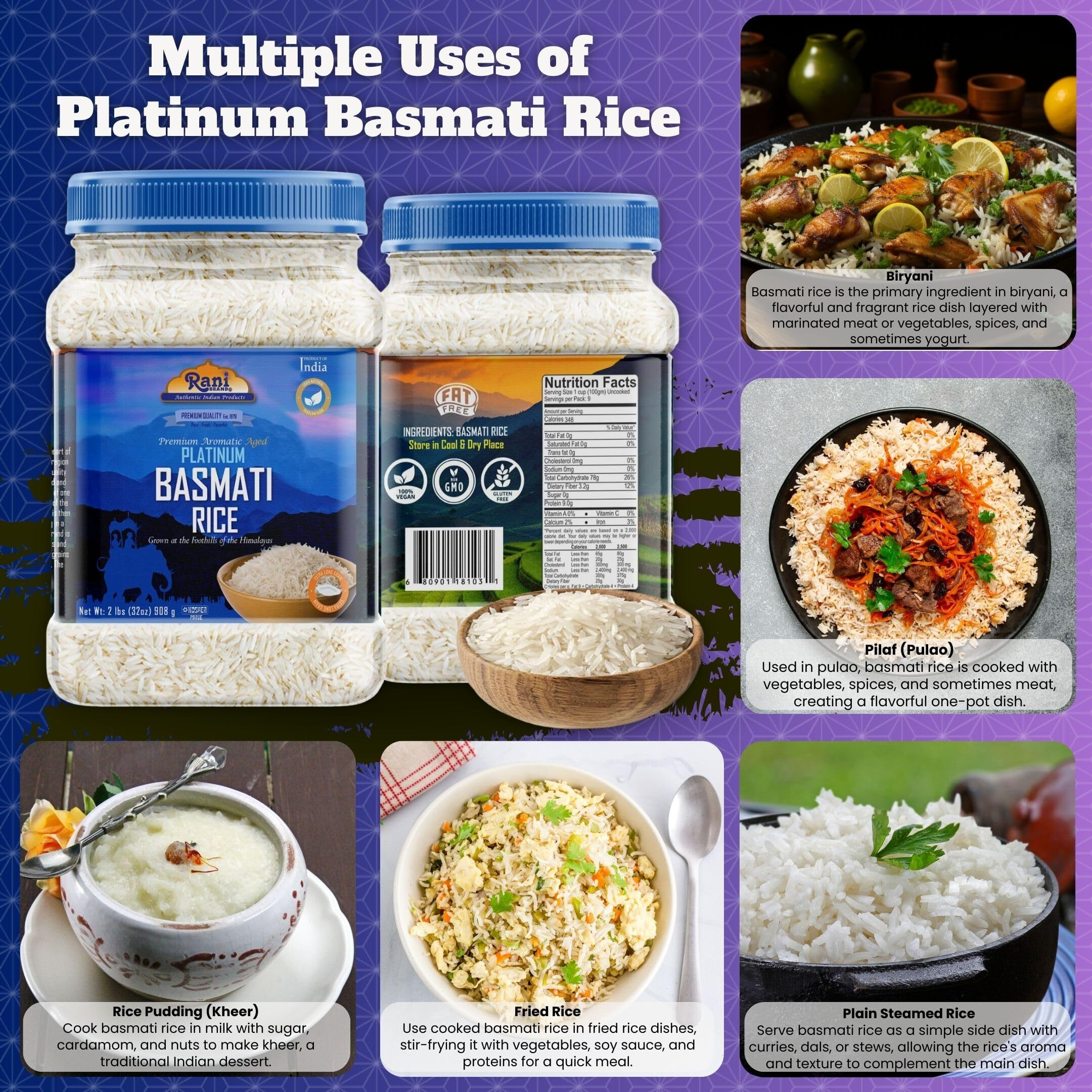 Rani Platinum White Basmati Rice Extra Long Aged 32oz (2lbs) 908g PET Jar ~ All Natural, Gluten Friendly, Vegan, Indian Origin, Kosher, Export Quality