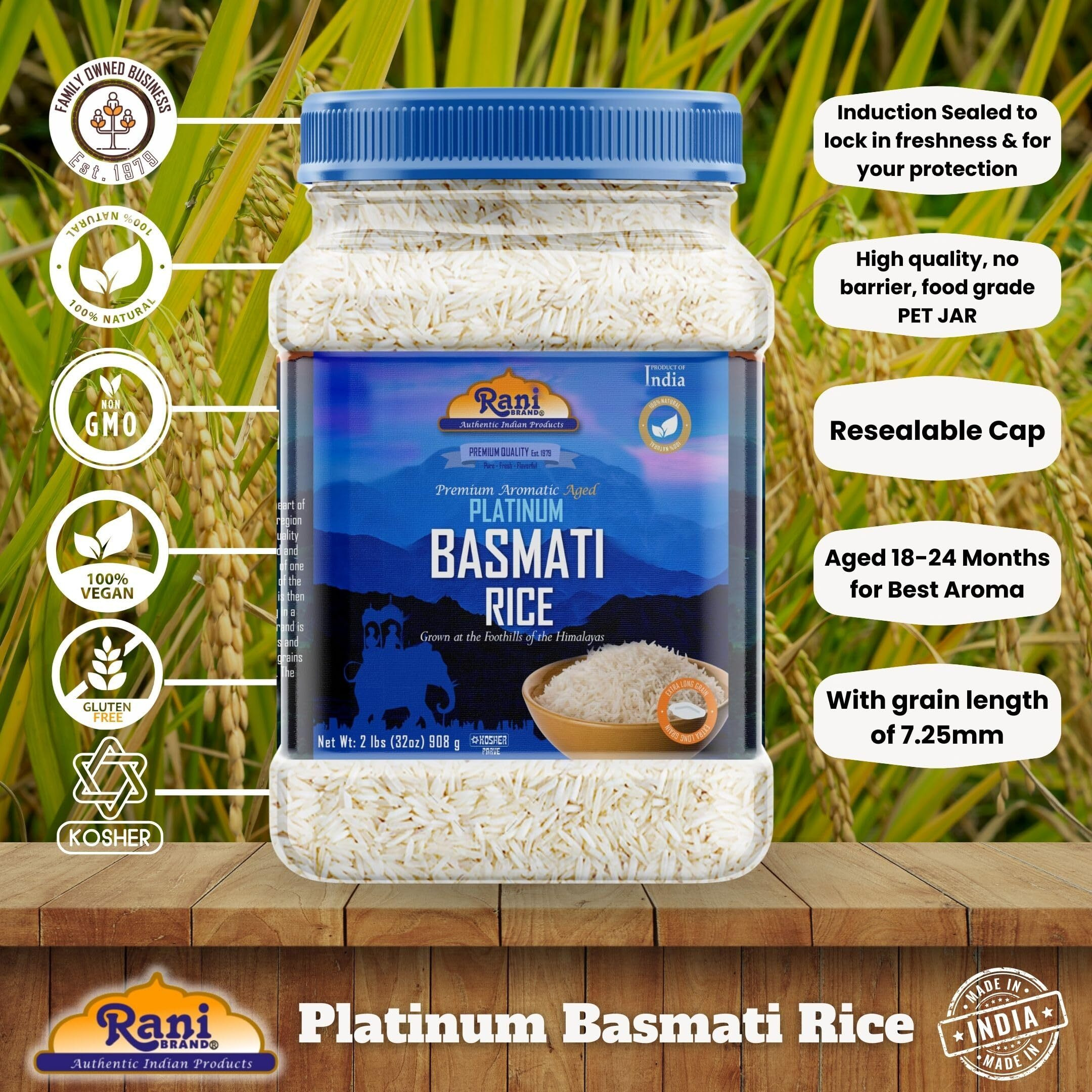 Rani Platinum White Basmati Rice Extra Long Aged 32oz (2lbs) 908g PET Jar ~ All Natural, Gluten Friendly, Vegan, Indian Origin, Kosher, Export Quality
