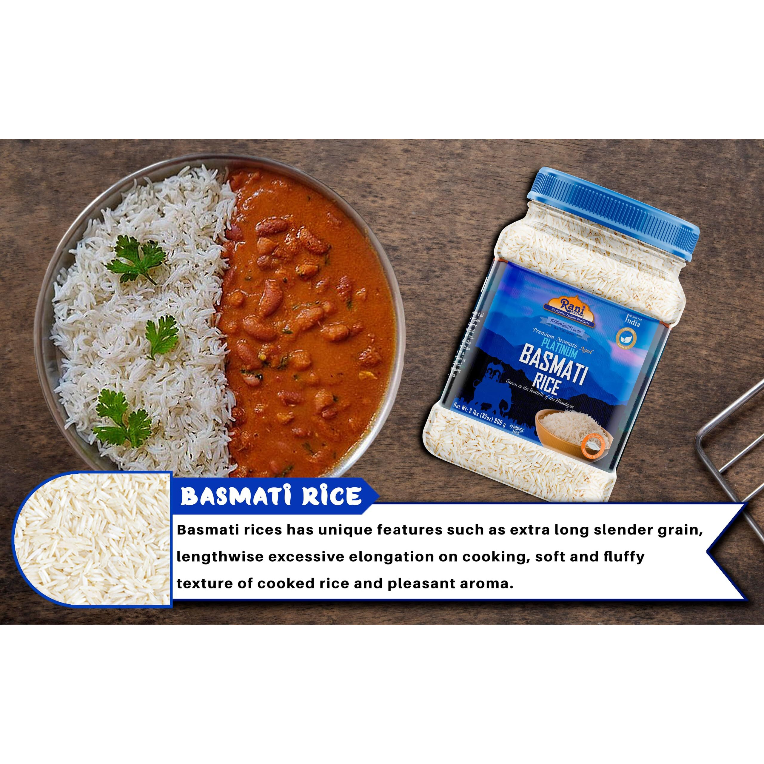 Rani Platinum White Basmati Rice Extra Long Aged 32oz (2lbs) 908g PET Jar ~ All Natural, Gluten Friendly, Vegan, Indian Origin, Kosher, Export Quality