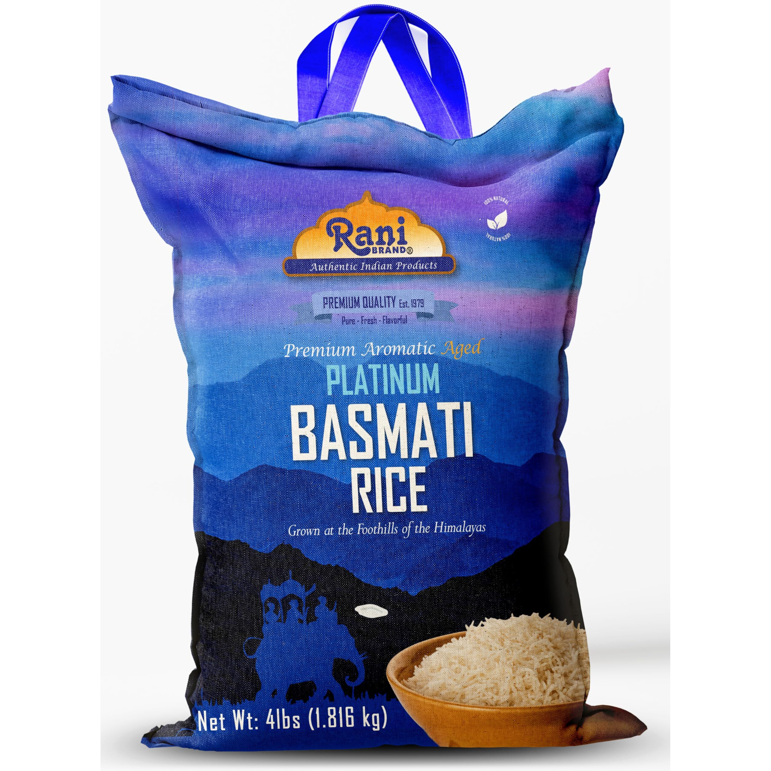 Rani Platinum White Basmati Rice Extra Long Aged 4-Pound Bag, 4lbs (64oz) 1.81kg ~ All Natural, Gluten Friendly, Kosher, Vegan, Indian Origin, Export Quality