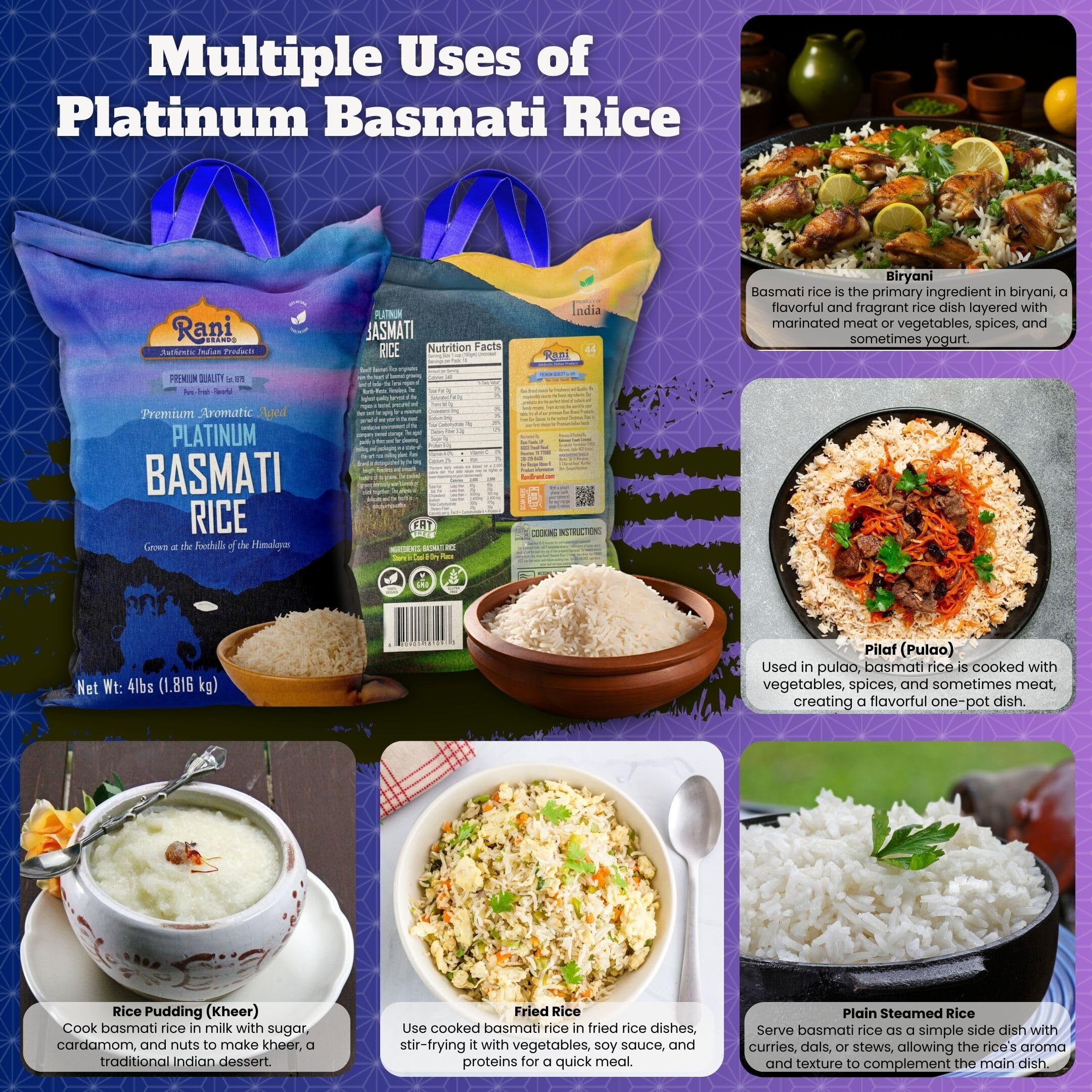 Rani Platinum White Basmati Rice Extra Long Aged 4-Pound Bag, 4lbs (64oz) 1.81kg ~ All Natural, Gluten Friendly, Kosher, Vegan, Indian Origin, Export Quality