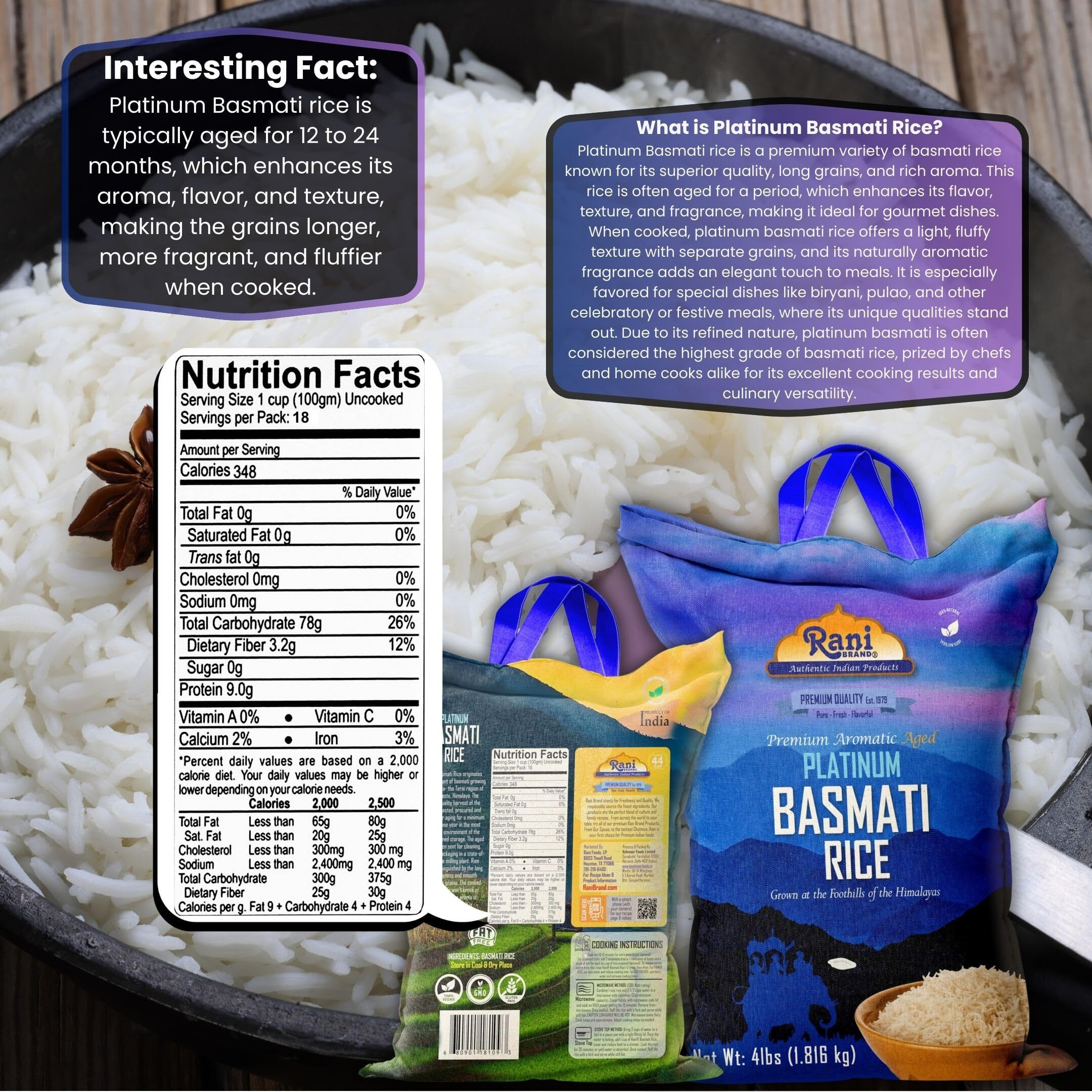 Rani Platinum White Basmati Rice Extra Long Aged 4-Pound Bag, 4lbs (64oz) 1.81kg ~ All Natural, Gluten Friendly, Kosher, Vegan, Indian Origin, Export Quality