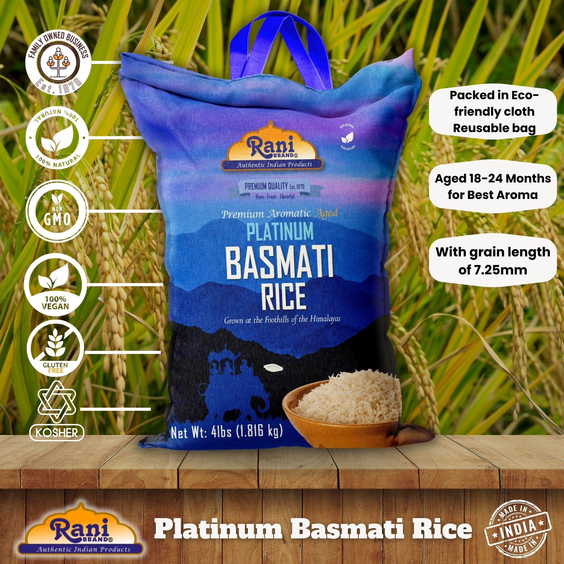 Rani Platinum White Basmati Rice Extra Long Aged 4-Pound Bag, 4lbs (64oz) 1.81kg ~ All Natural, Gluten Friendly, Kosher, Vegan, Indian Origin, Export Quality