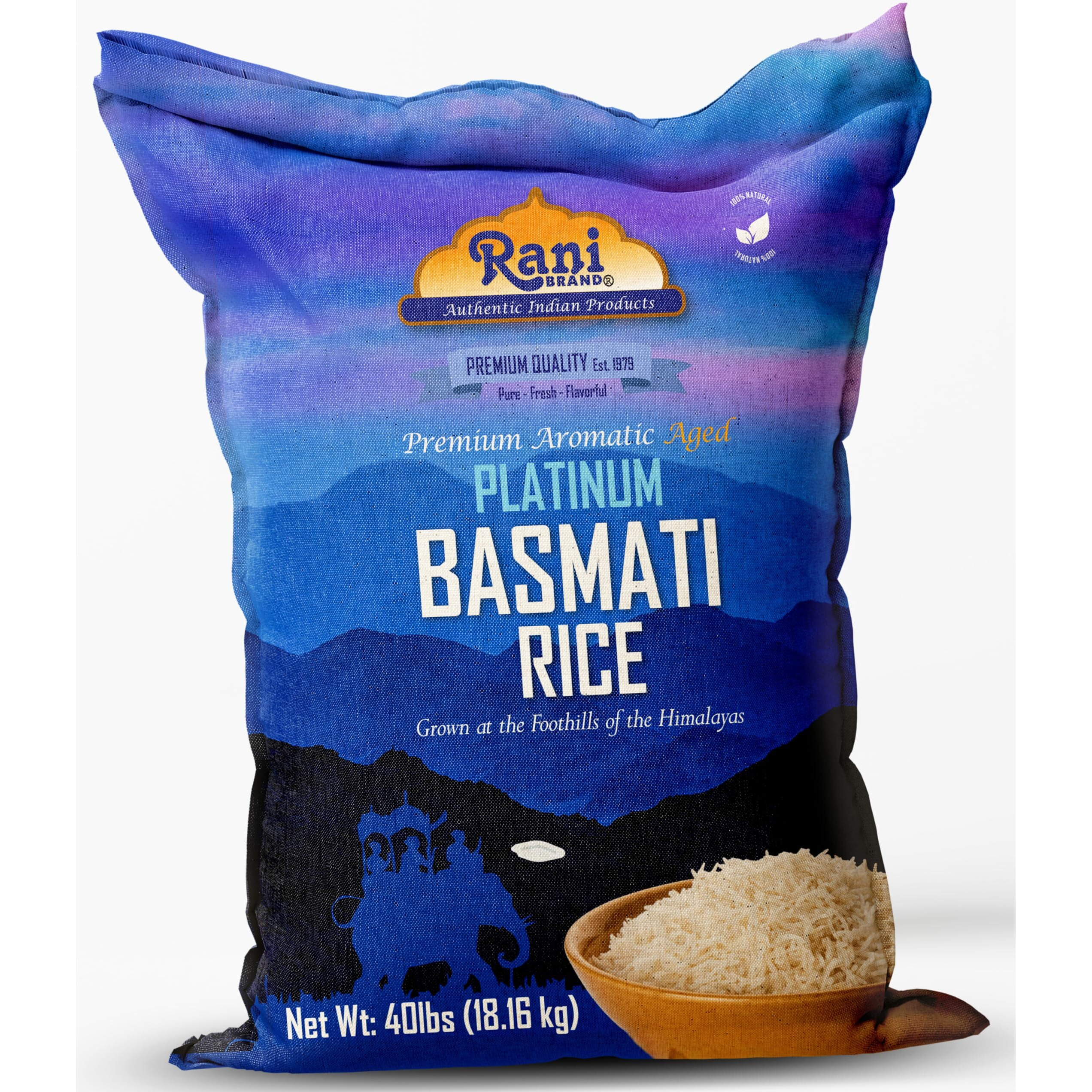 Rani Platinum White Basmati Rice Extra Long Aged 40-Pound Bag, 640oz (40lbs) 18.16kg ~ All Natural, Gluten Friendly, Vegan, Indian Origin, Kosher, Export Quality