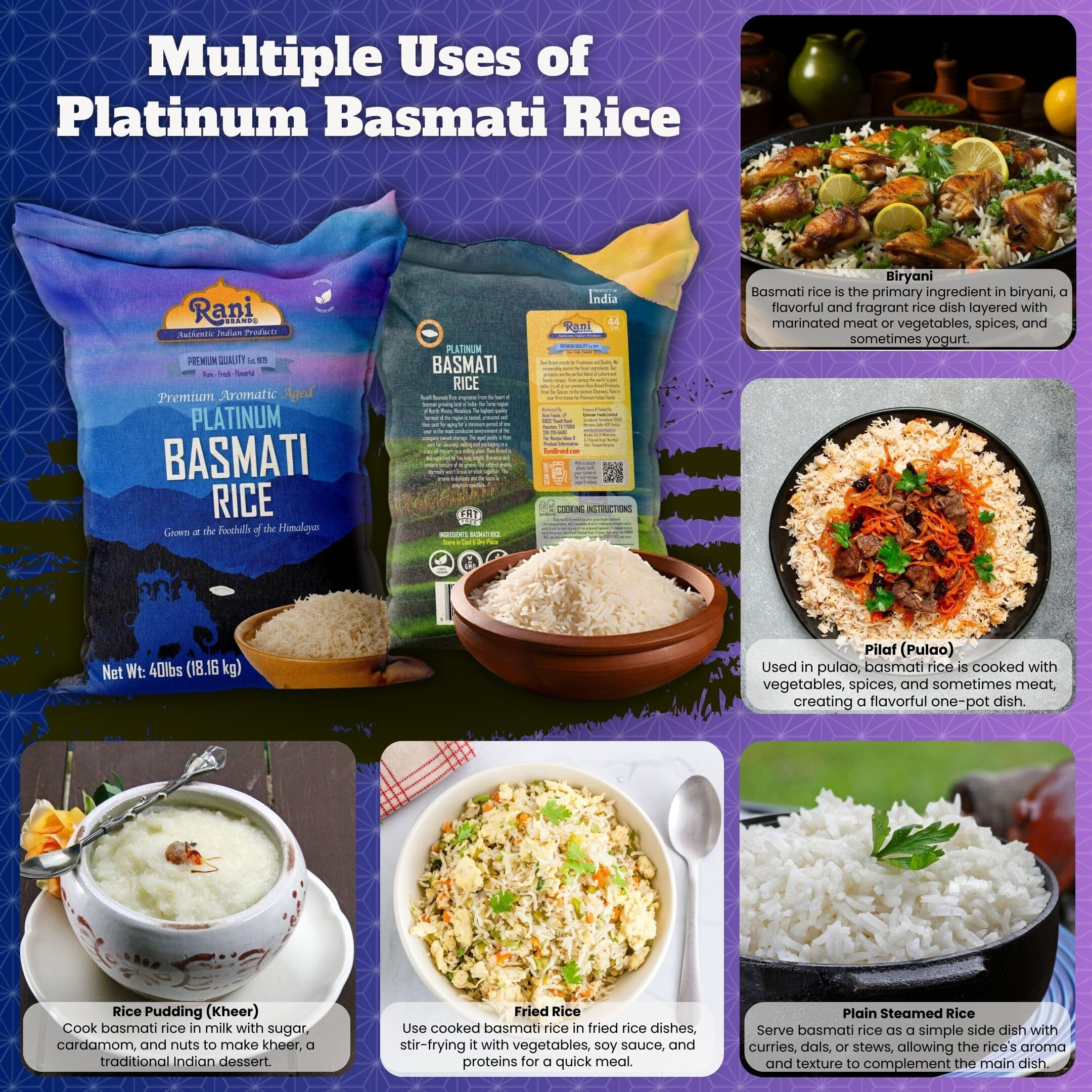 Rani Platinum White Basmati Rice Extra Long Aged 40-Pound Bag, 640oz (40lbs) 18.16kg ~ All Natural, Gluten Friendly, Vegan, Indian Origin, Kosher, Export Quality