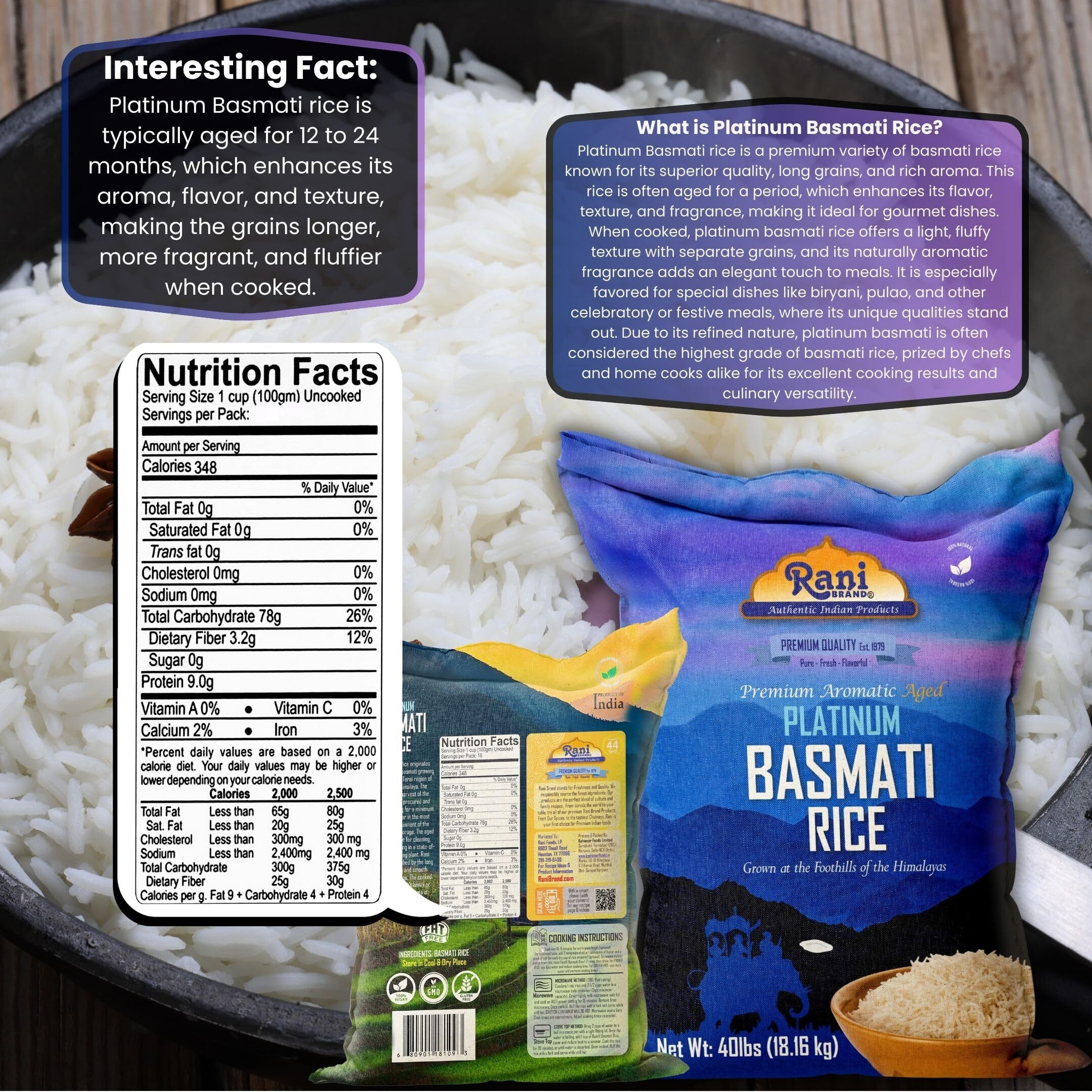 Rani Platinum White Basmati Rice Extra Long Aged 40-Pound Bag, 640oz (40lbs) 18.16kg ~ All Natural, Gluten Friendly, Vegan, Indian Origin, Kosher, Export Quality
