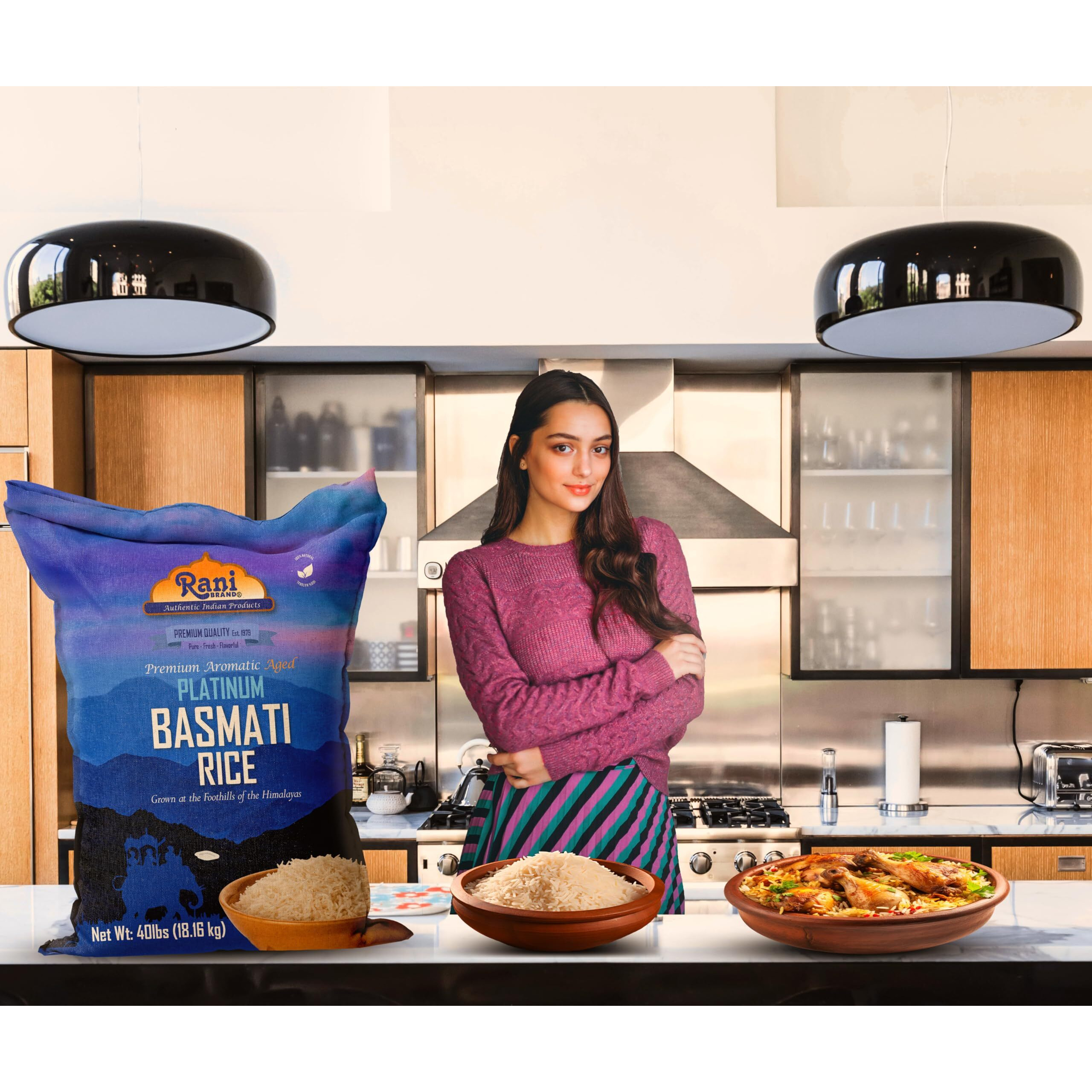 Rani Platinum White Basmati Rice Extra Long Aged 40-Pound Bag, 640oz (40lbs) 18.16kg ~ All Natural, Gluten Friendly, Vegan, Indian Origin, Kosher, Export Quality