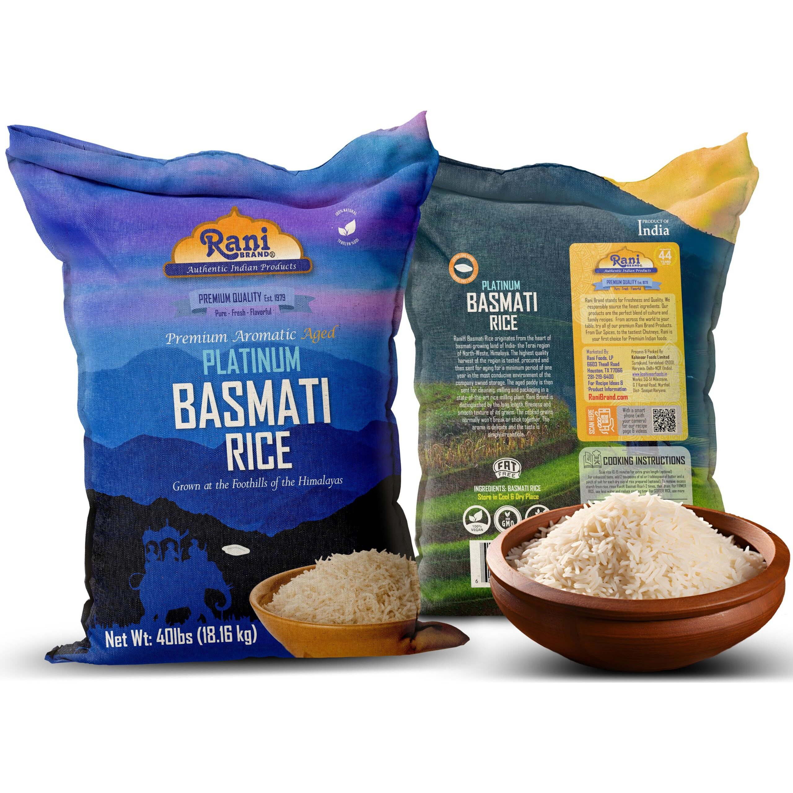 Rani Platinum White Basmati Rice Extra Long Aged 40-Pound Bag, 640oz (40lbs) 18.16kg ~ All Natural, Gluten Friendly, Vegan, Indian Origin, Kosher, Export Quality