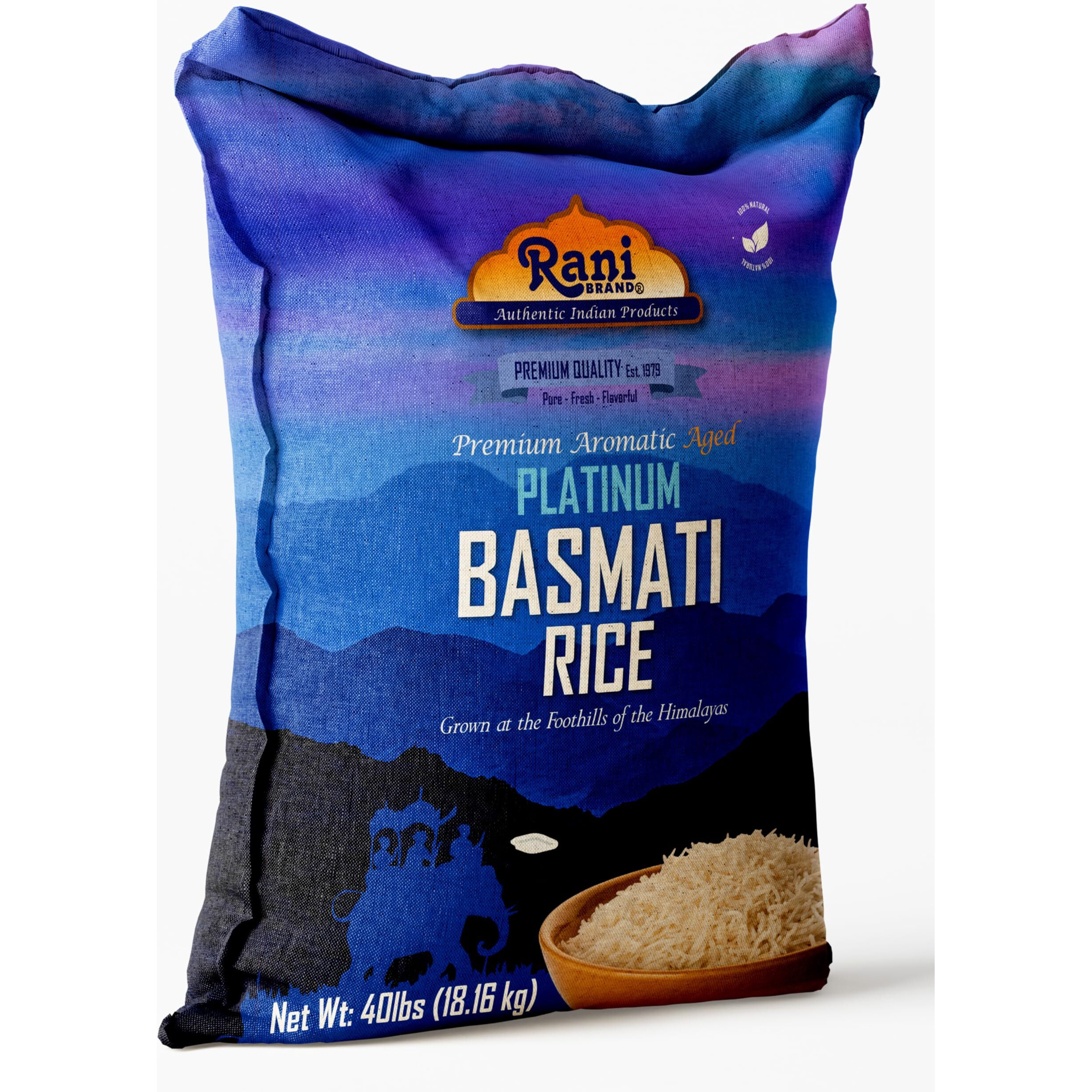 Rani Platinum White Basmati Rice Extra Long Aged 40-Pound Bag, 640oz (40lbs) 18.16kg ~ All Natural, Gluten Friendly, Vegan, Indian Origin, Kosher, Export Quality