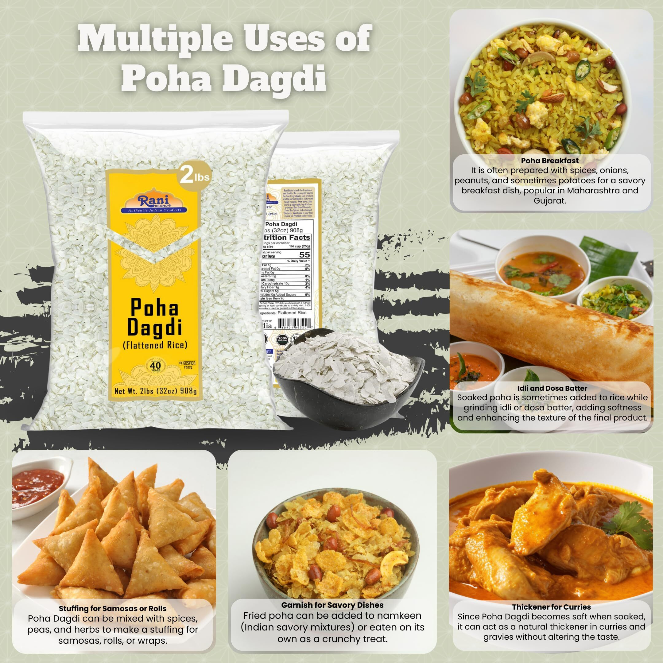 Rani Poha (Powa) Extra Thick Dagadi-Cut (Flattened Rice) 32oz (2lbs) 908g ~ All Natural, Salt-Free, Vegan, Kosher, No Colors, Gluten Friendly, Indian Origin