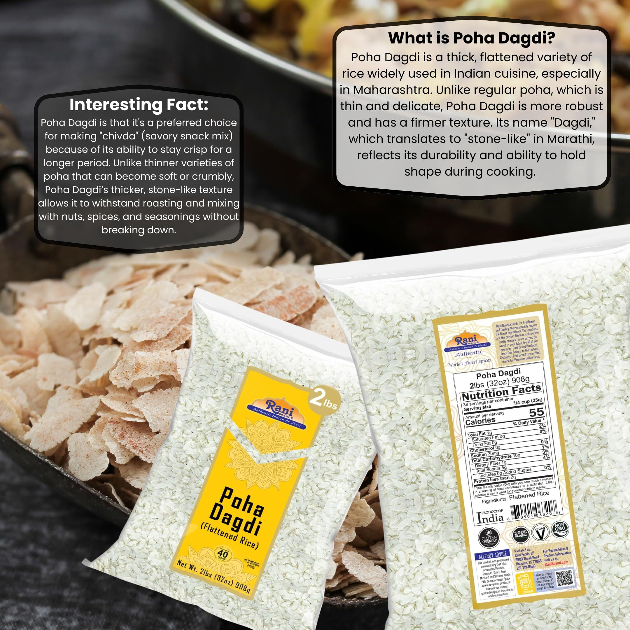 Rani Poha (Powa) Extra Thick Dagadi-Cut (Flattened Rice) 32oz (2lbs) 908g ~ All Natural, Salt-Free, Vegan, Kosher, No Colors, Gluten Friendly, Indian Origin