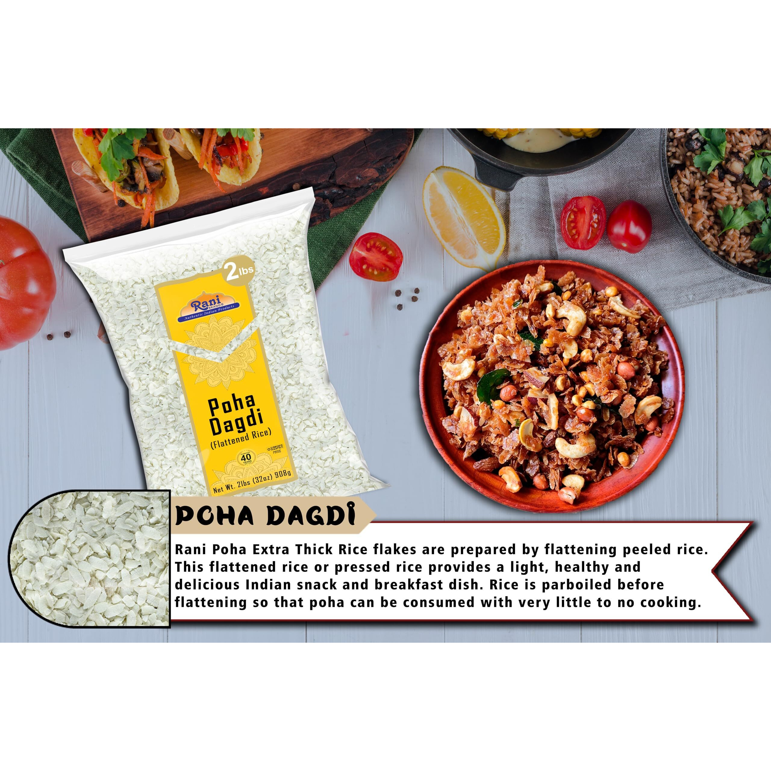 Rani Poha (Powa) Extra Thick Dagadi-Cut (Flattened Rice) 32oz (2lbs) 908g ~ All Natural, Salt-Free, Vegan, Kosher, No Colors, Gluten Friendly, Indian Origin
