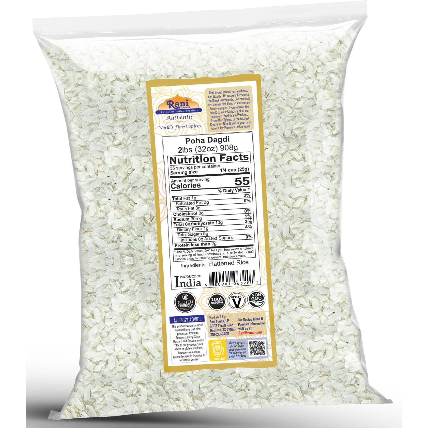 Rani Poha (Powa) Extra Thick Dagadi-Cut (Flattened Rice) 32oz (2lbs) 908g ~ All Natural, Salt-Free, Vegan, Kosher, No Colors, Gluten Friendly, Indian Origin