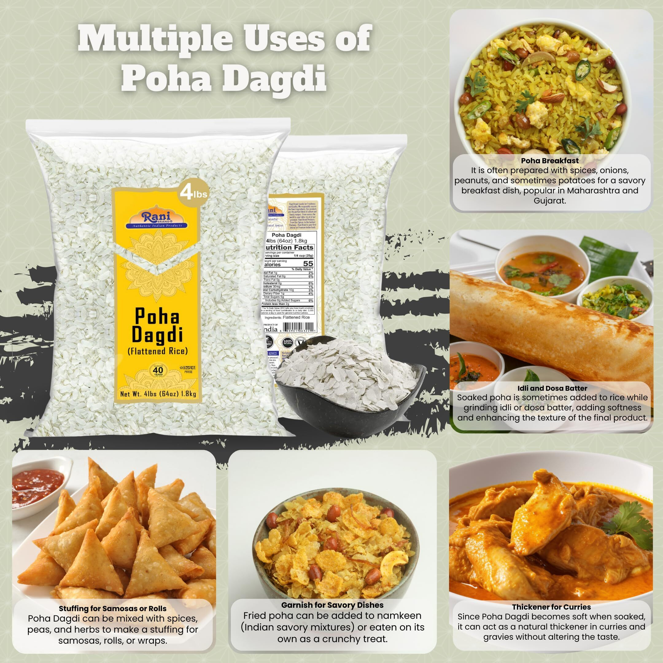 Rani Poha (Powa) Extra Thick Dagadi-Cut (Flattened Rice) 64oz (4lbs) 1.81kg Bulk~ All Natural, Salt-Free, Vegan, Kosher, No Colors, Gluten Friendly, Indian Origin