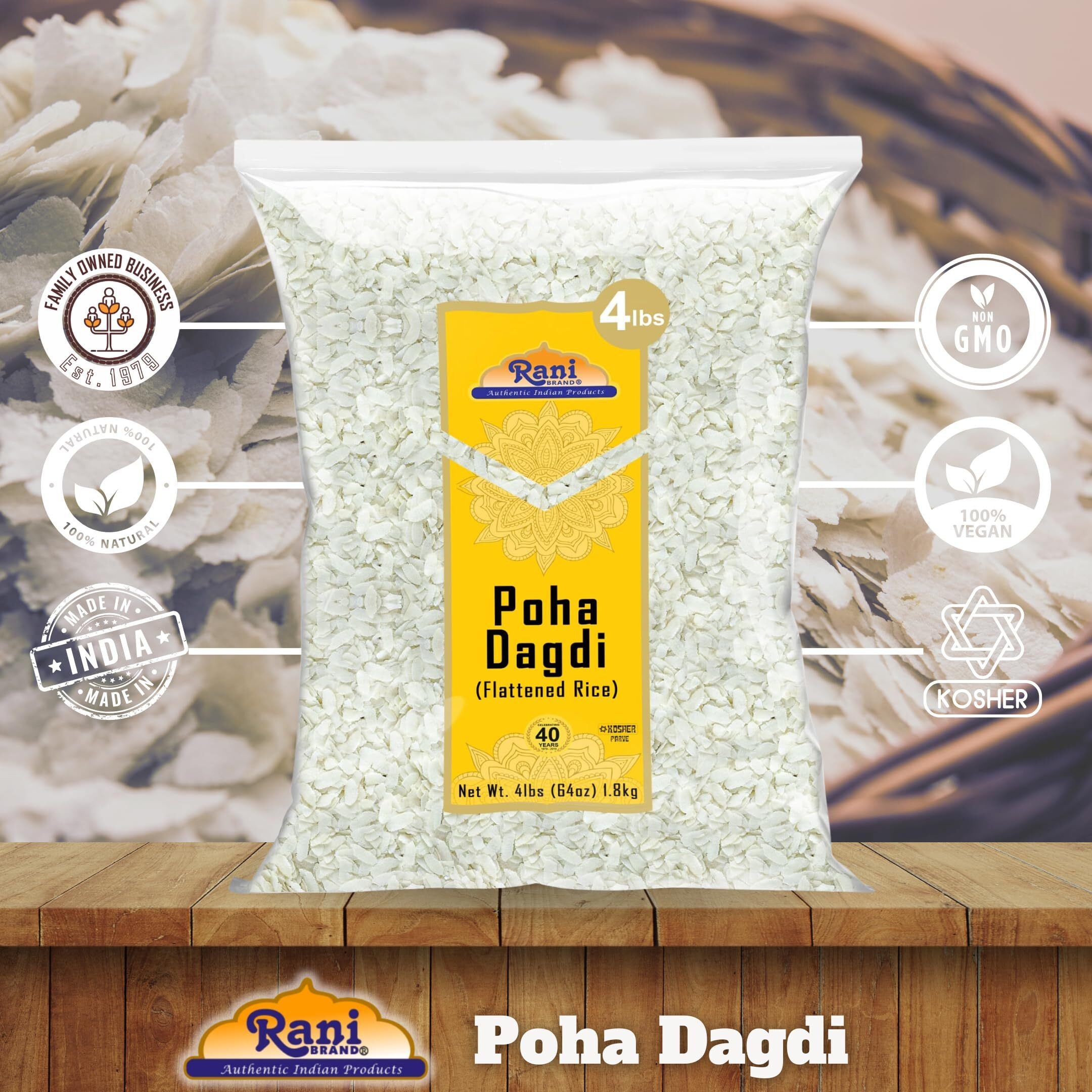 Rani Poha (Powa) Extra Thick Dagadi-Cut (Flattened Rice) 64oz (4lbs) 1.81kg Bulk~ All Natural, Salt-Free, Vegan, Kosher, No Colors, Gluten Friendly, Indian Origin