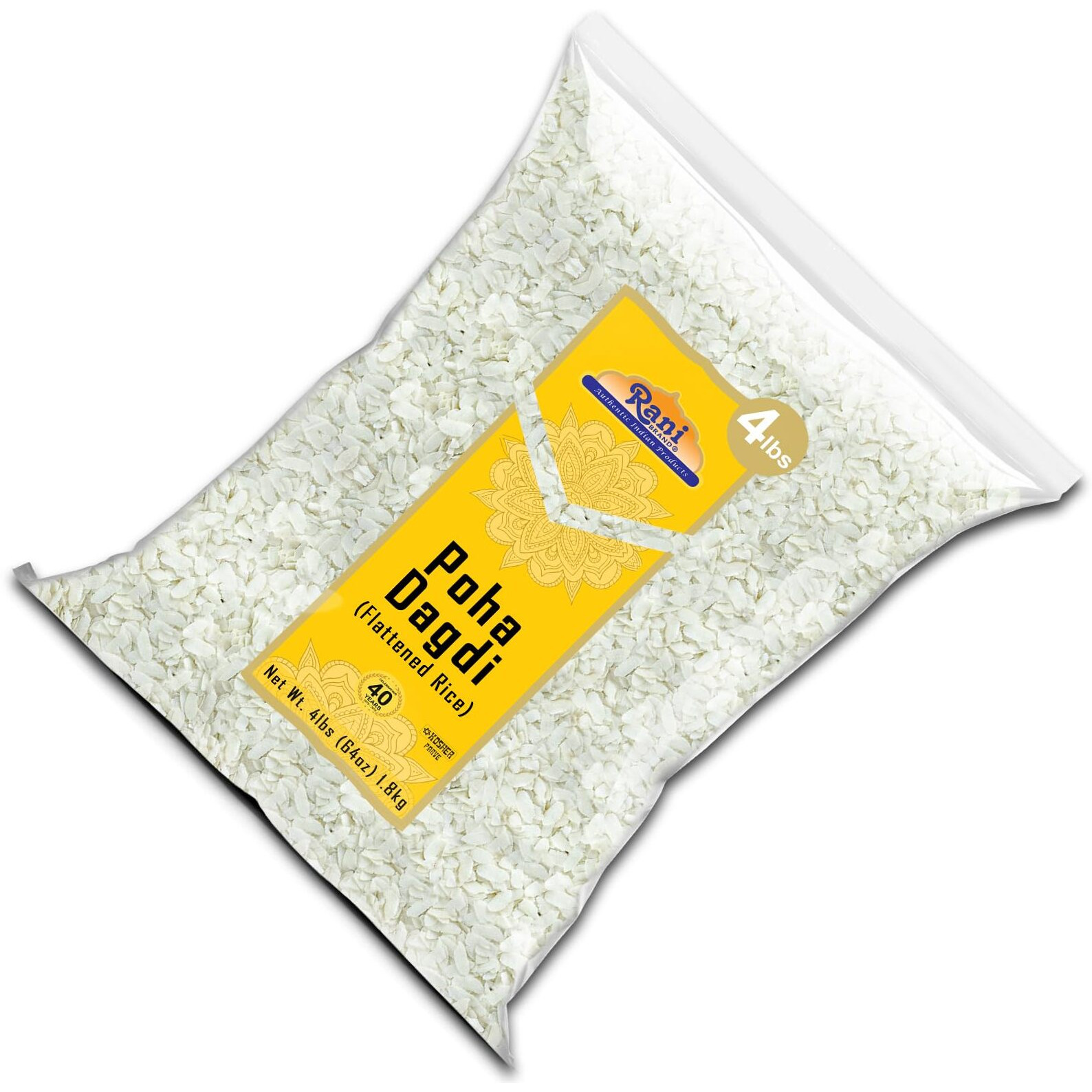 Rani Poha (Powa) Extra Thick Dagadi-Cut (Flattened Rice) 64oz (4lbs) 1.81kg Bulk~ All Natural, Salt-Free, Vegan, Kosher, No Colors, Gluten Friendly, Indian Origin