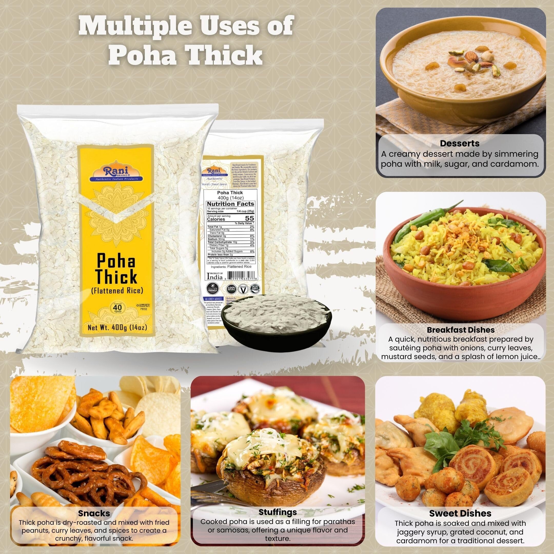 Rani Poha (Powa) Thick Medium-Cut (Flattened Rice) 14oz (400g) ~ All Natural, Salt-Free, Vegan, Kosher, No Colors, Gluten Friendly, Indian Origin
