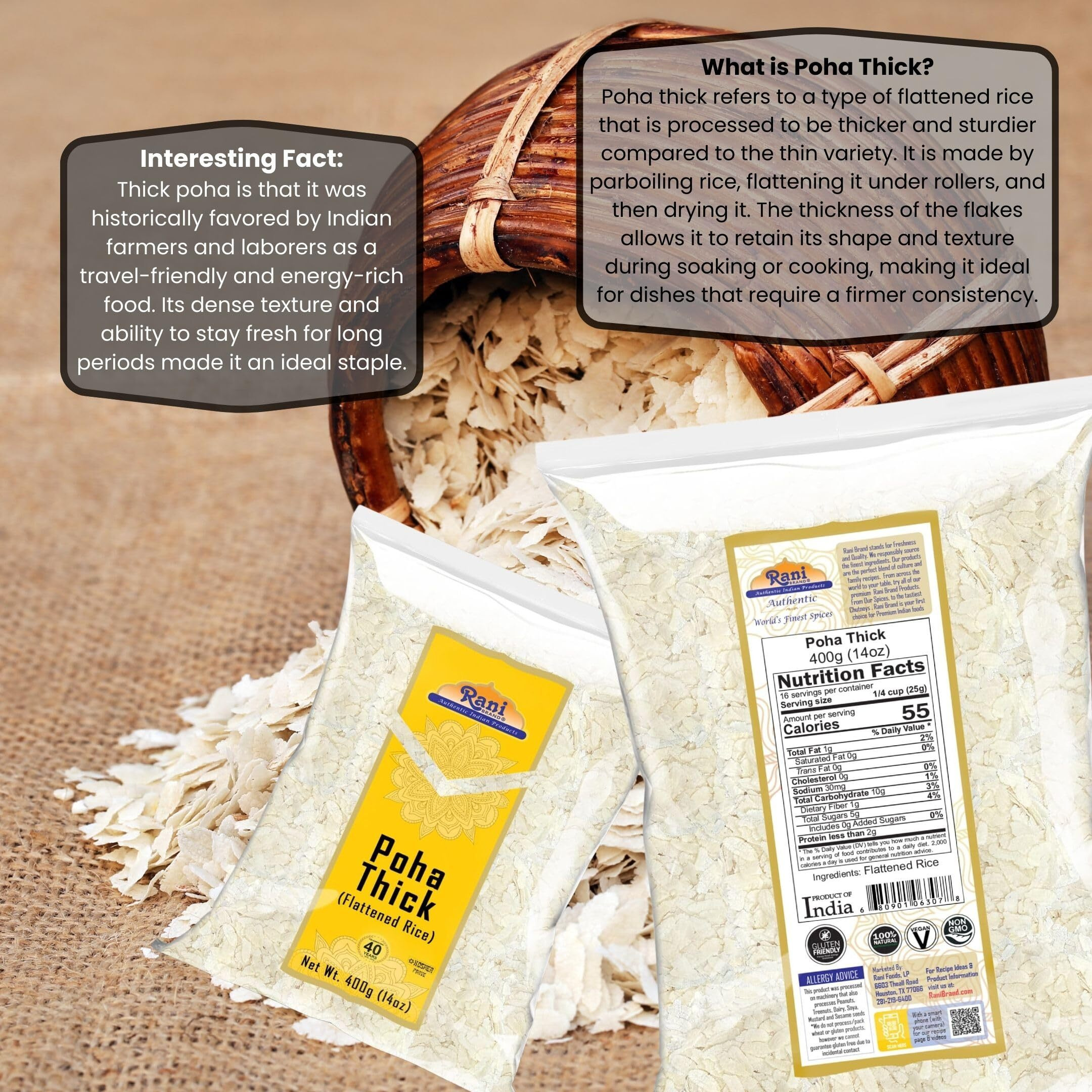Rani Poha (Powa) Thick Medium-Cut (Flattened Rice) 14oz (400g) ~ All Natural, Salt-Free, Vegan, Kosher, No Colors, Gluten Friendly, Indian Origin