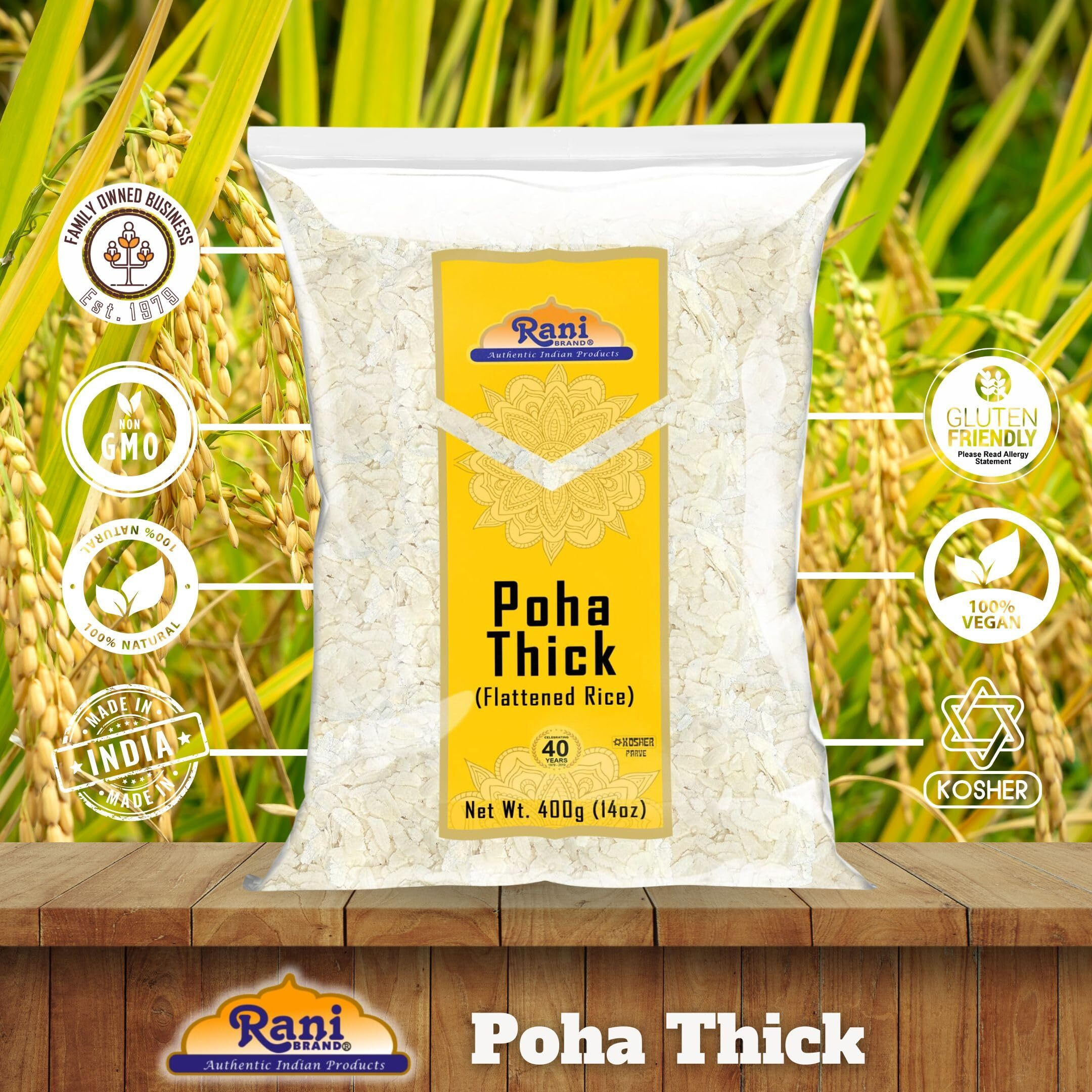 Rani Poha (Powa) Thick Medium-Cut (Flattened Rice) 14oz (400g) ~ All Natural, Salt-Free, Vegan, Kosher, No Colors, Gluten Friendly, Indian Origin