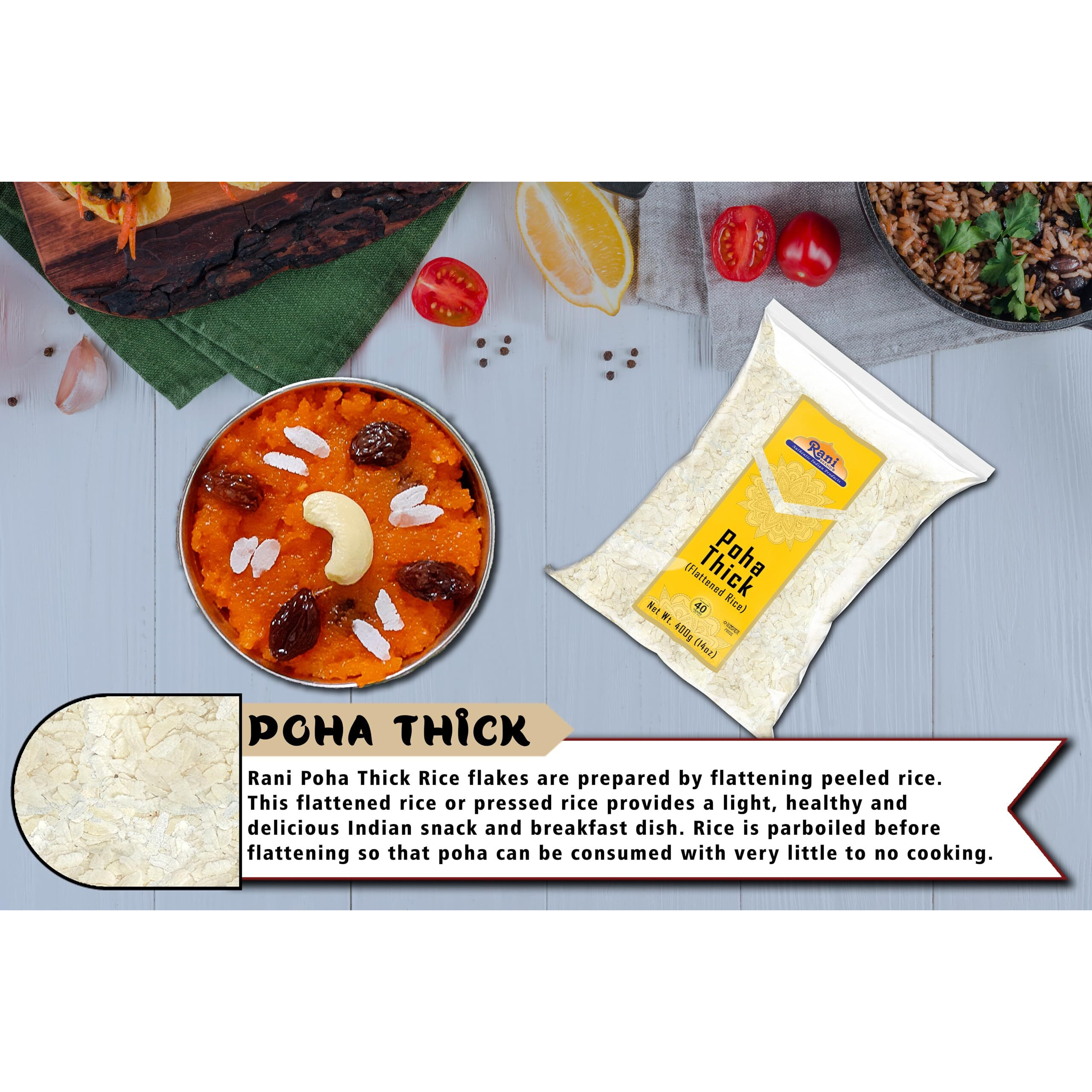 Rani Poha (Powa) Thick Medium-Cut (Flattened Rice) 14oz (400g) ~ All Natural, Salt-Free, Vegan, Kosher, No Colors, Gluten Friendly, Indian Origin
