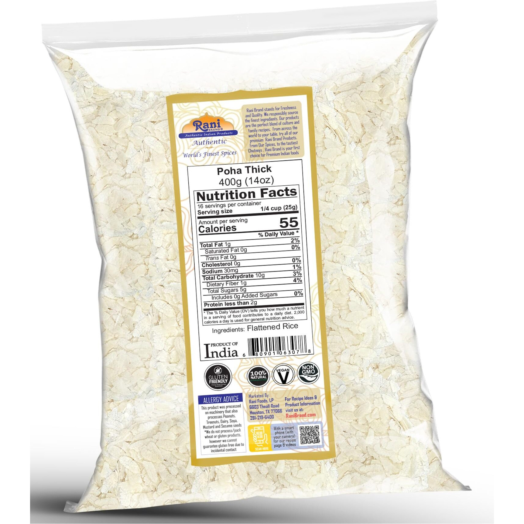 Rani Poha (Powa) Thick Medium-Cut (Flattened Rice) 14oz (400g) ~ All Natural, Salt-Free, Vegan, Kosher, No Colors, Gluten Friendly, Indian Origin