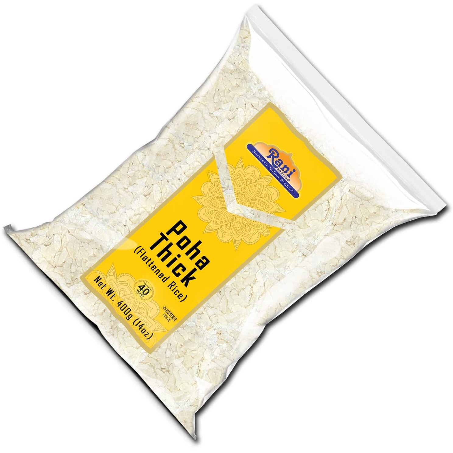 Rani Poha (Powa) Thick Medium-Cut (Flattened Rice) 14oz (400g) ~ All Natural, Salt-Free, Vegan, Kosher, No Colors, Gluten Friendly, Indian Origin