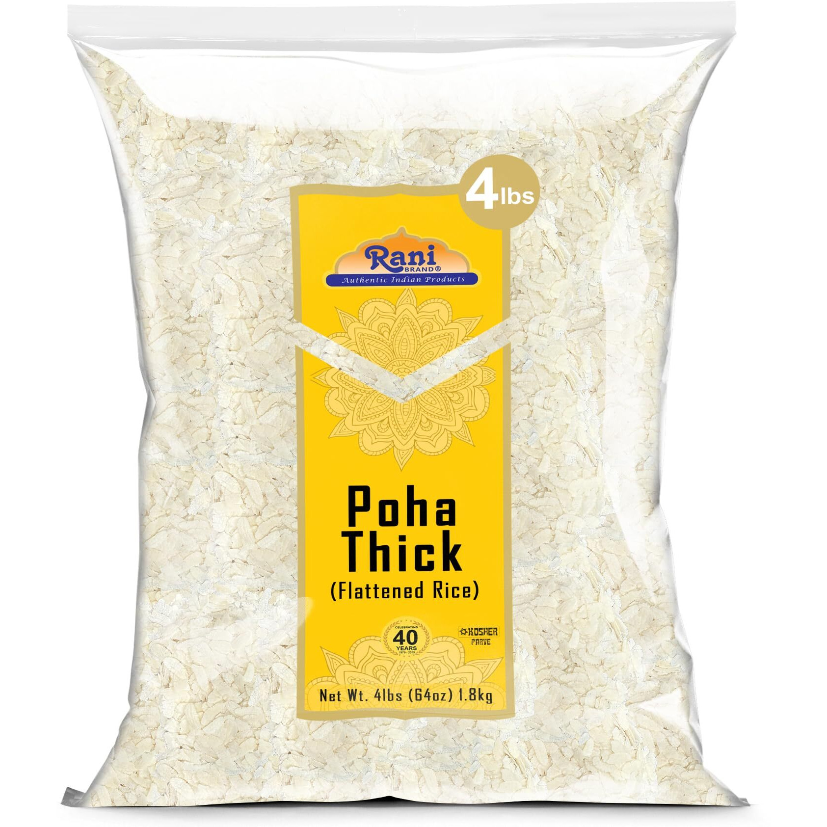 Rani Poha (Powa) Thick Medium-Cut (Flattened Rice) 64oz (4lbs) 1.81kg ~ All Natural, Salt-Free, Vegan, Kosher, No Colors, Gluten Friendly, Indian Origin