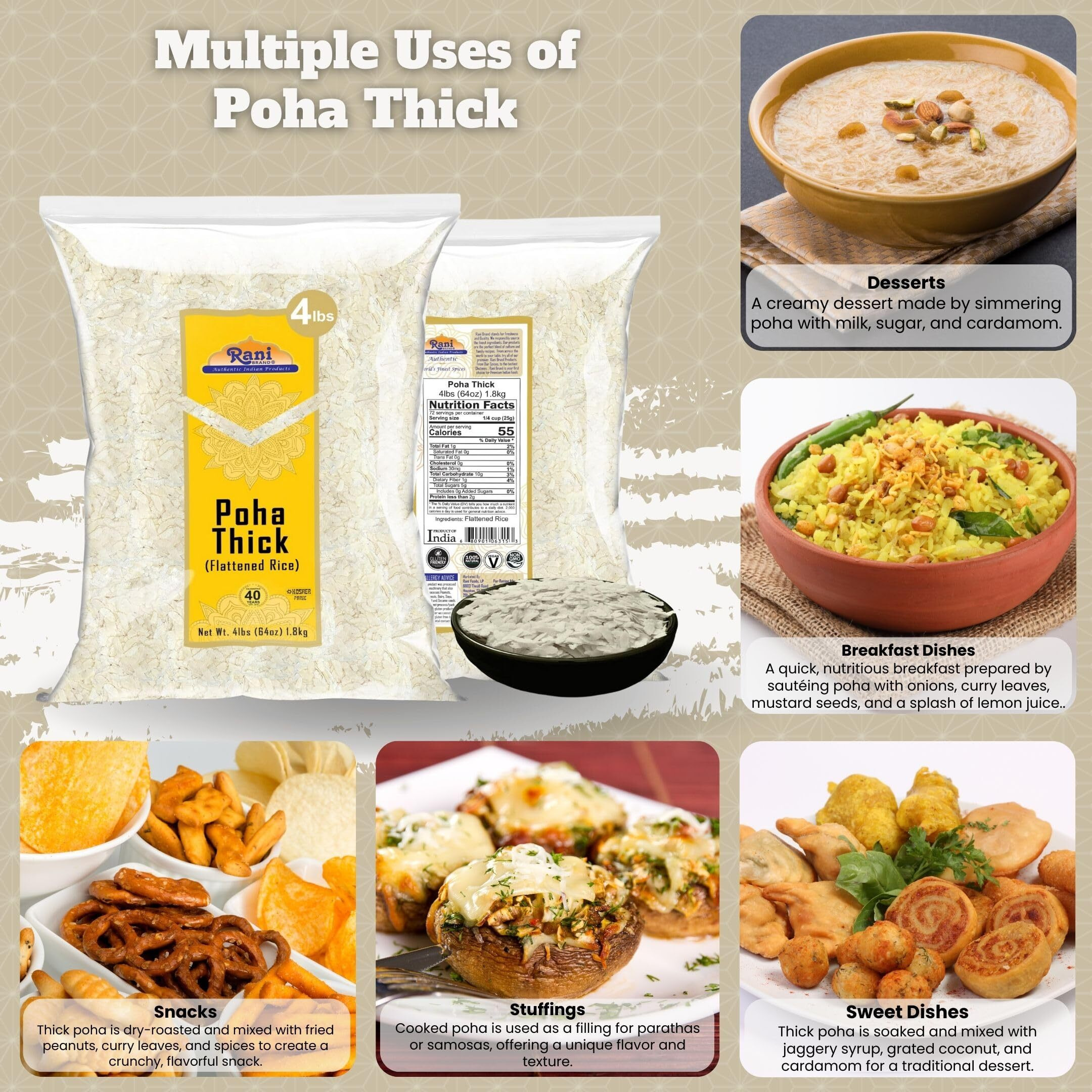 Rani Poha (Powa) Thick Medium-Cut (Flattened Rice) 64oz (4lbs) 1.81kg ~ All Natural, Salt-Free, Vegan, Kosher, No Colors, Gluten Friendly, Indian Origin