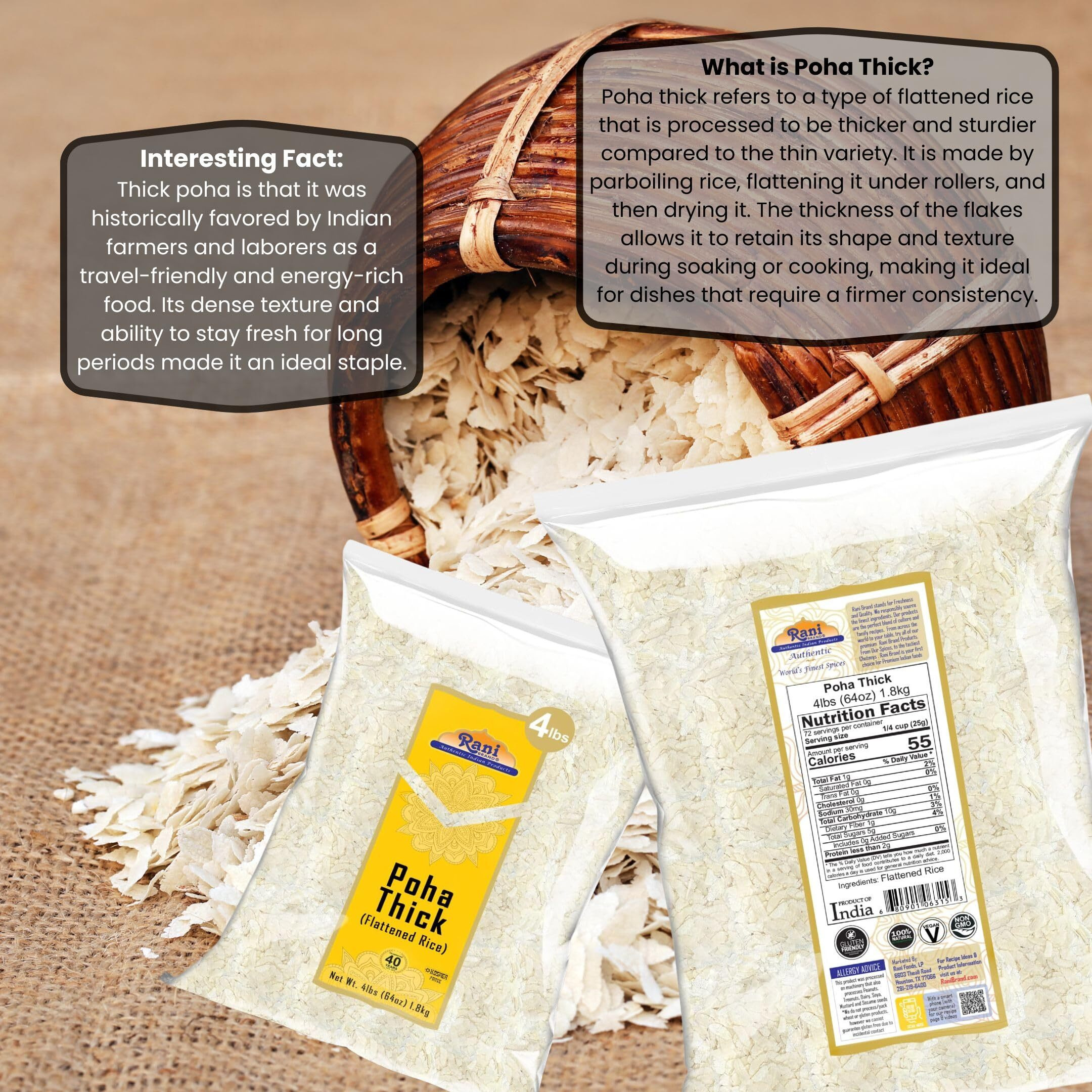 Rani Poha (Powa) Thick Medium-Cut (Flattened Rice) 64oz (4lbs) 1.81kg ~ All Natural, Salt-Free, Vegan, Kosher, No Colors, Gluten Friendly, Indian Origin