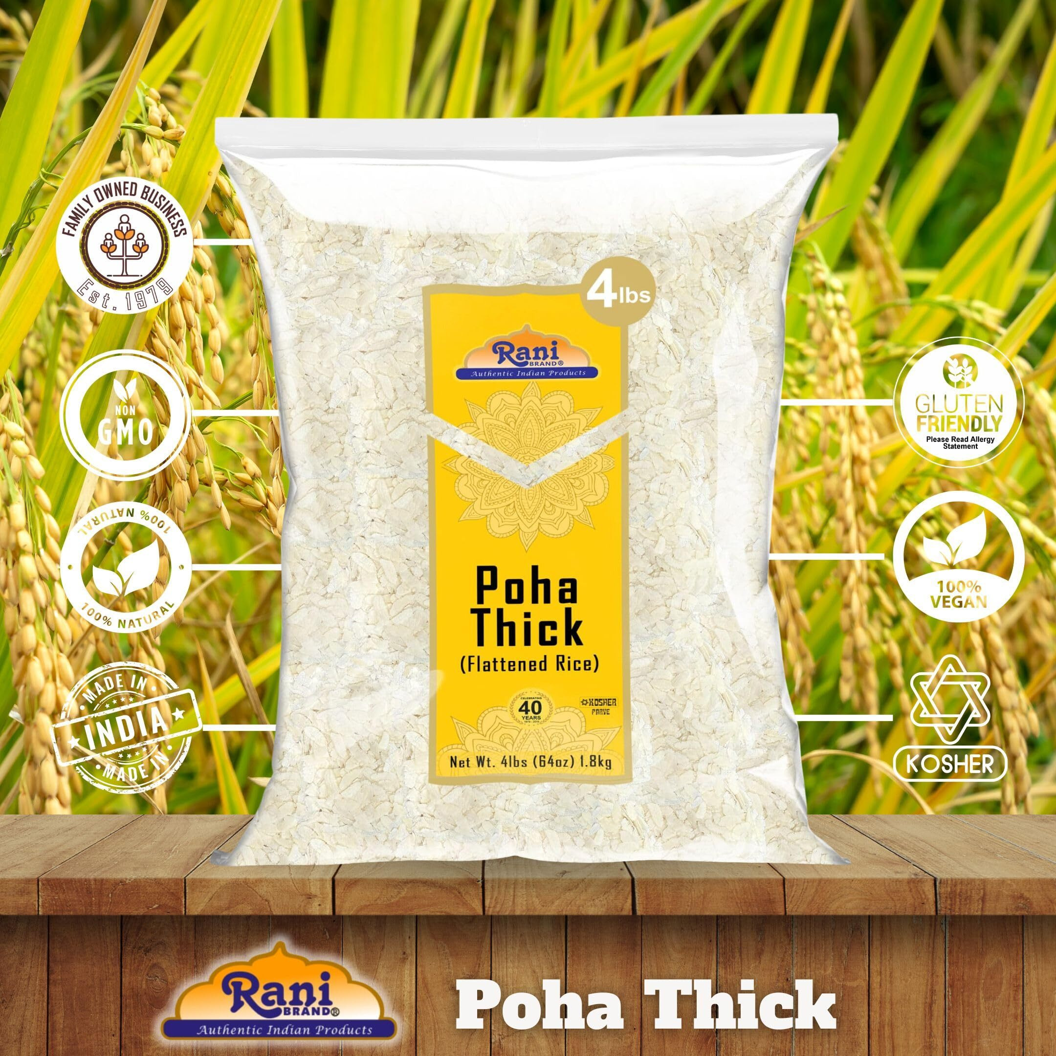 Rani Poha (Powa) Thick Medium-Cut (Flattened Rice) 64oz (4lbs) 1.81kg ~ All Natural, Salt-Free, Vegan, Kosher, No Colors, Gluten Friendly, Indian Origin